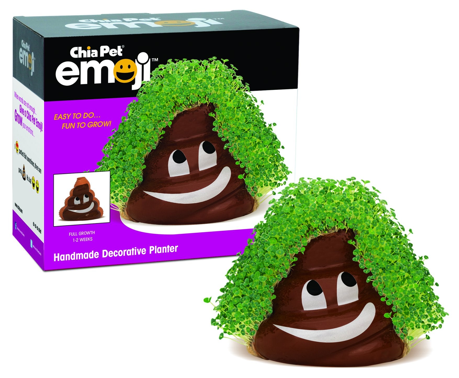 Chia emoji Poopy frontal mostrando diseño divertido y fácil plantación