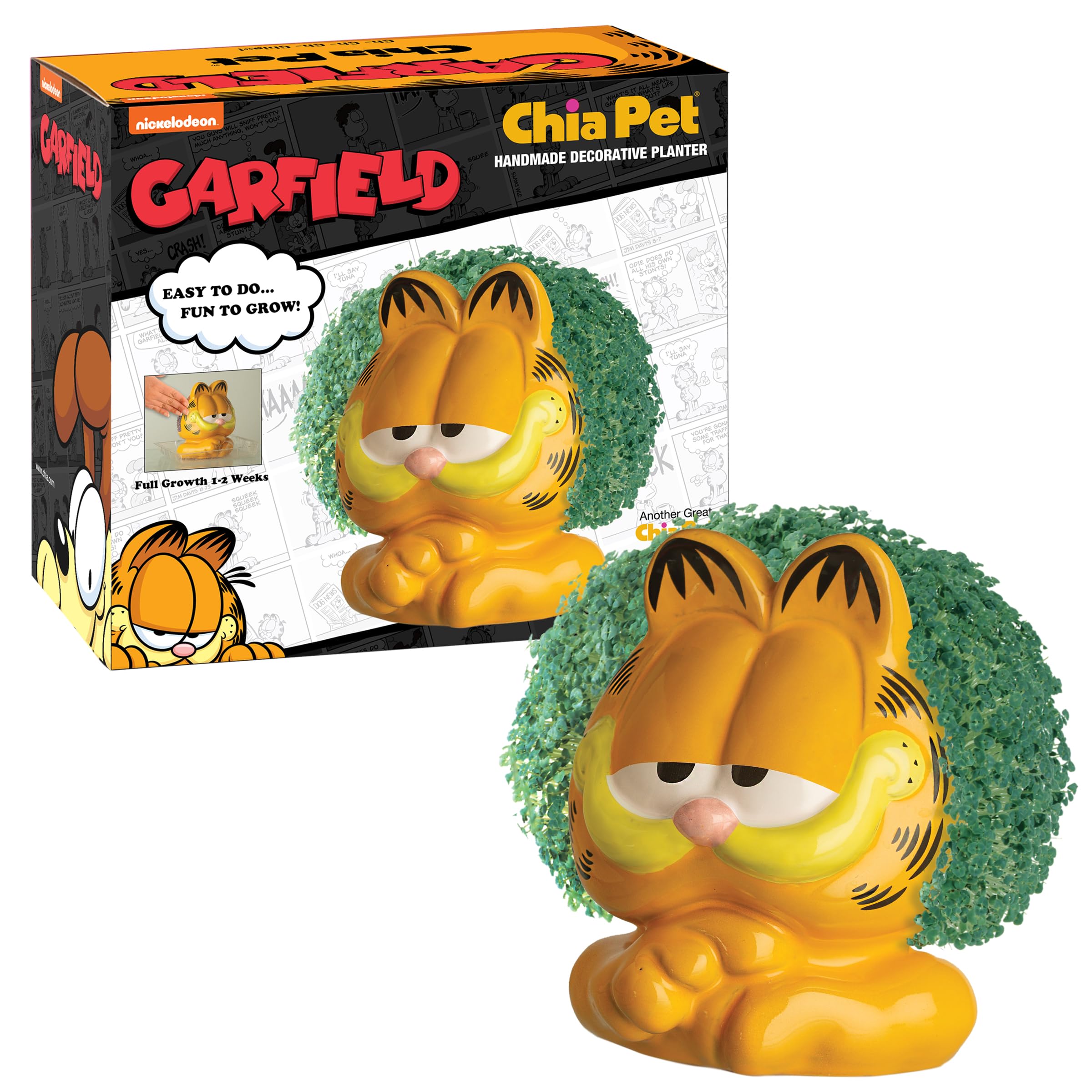 Chia Garfield frontal mostrando detalle de la cerámica y efecto verde