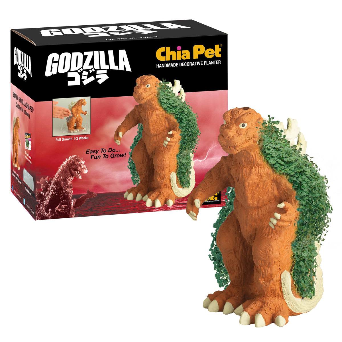 Chia Godzilla vista frontal mostrando diseño cerámico y efecto decorativo
