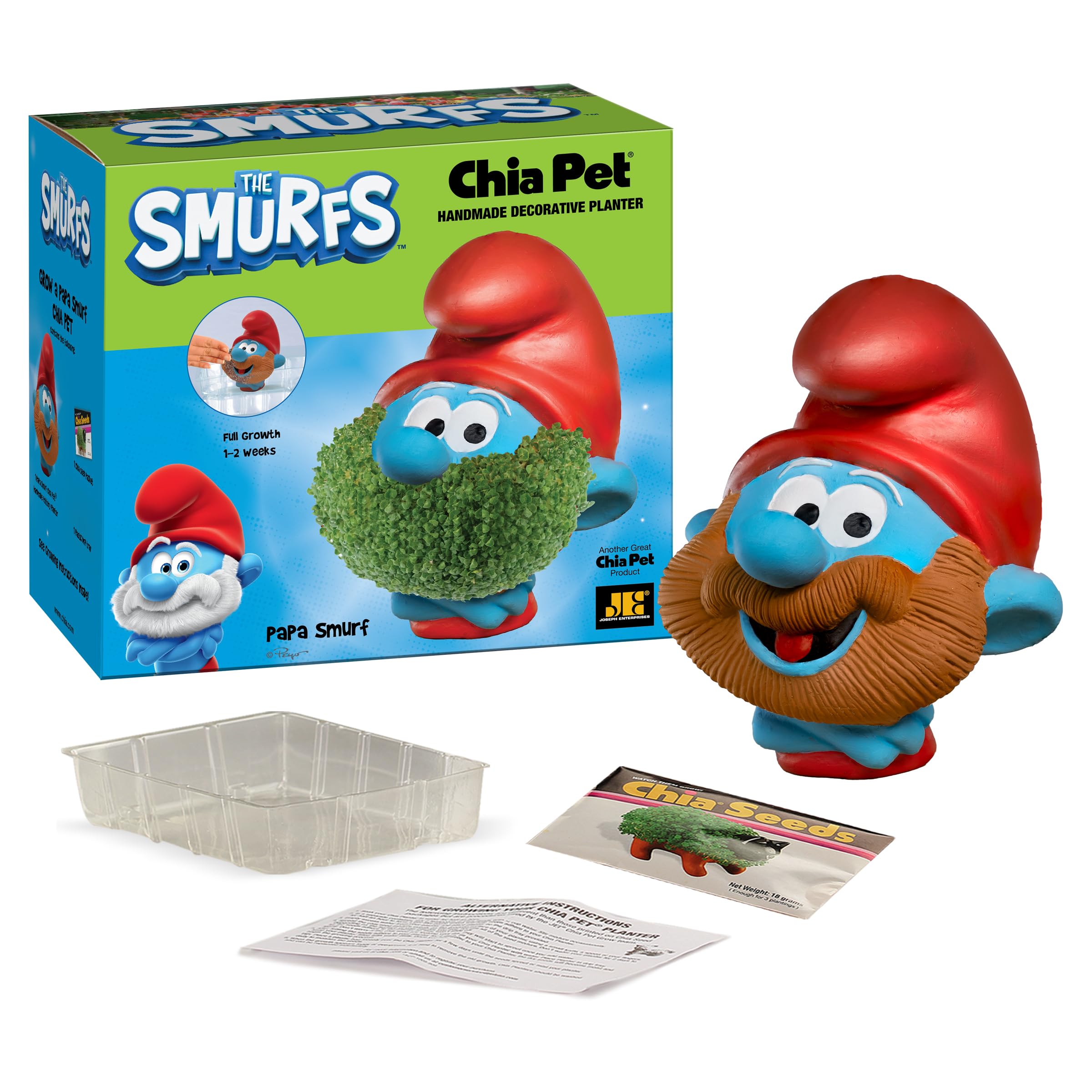 Chia Papa Smurf junto a una taza para comparar tamaño y visualizar colocación práctica