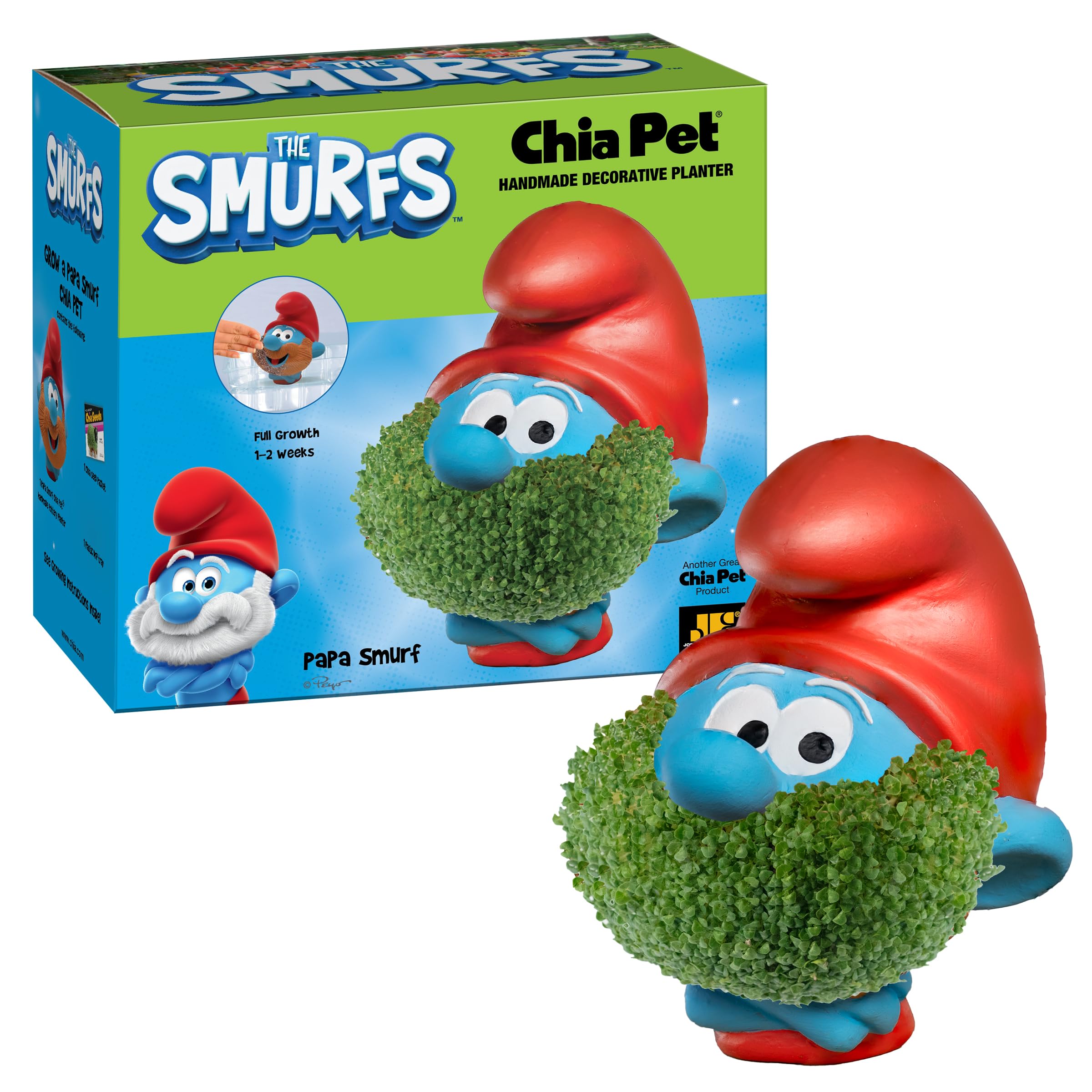 Chia Papa Smurf frontal mostrando cerámica detallada y fácil plantado con beneficio decorativo