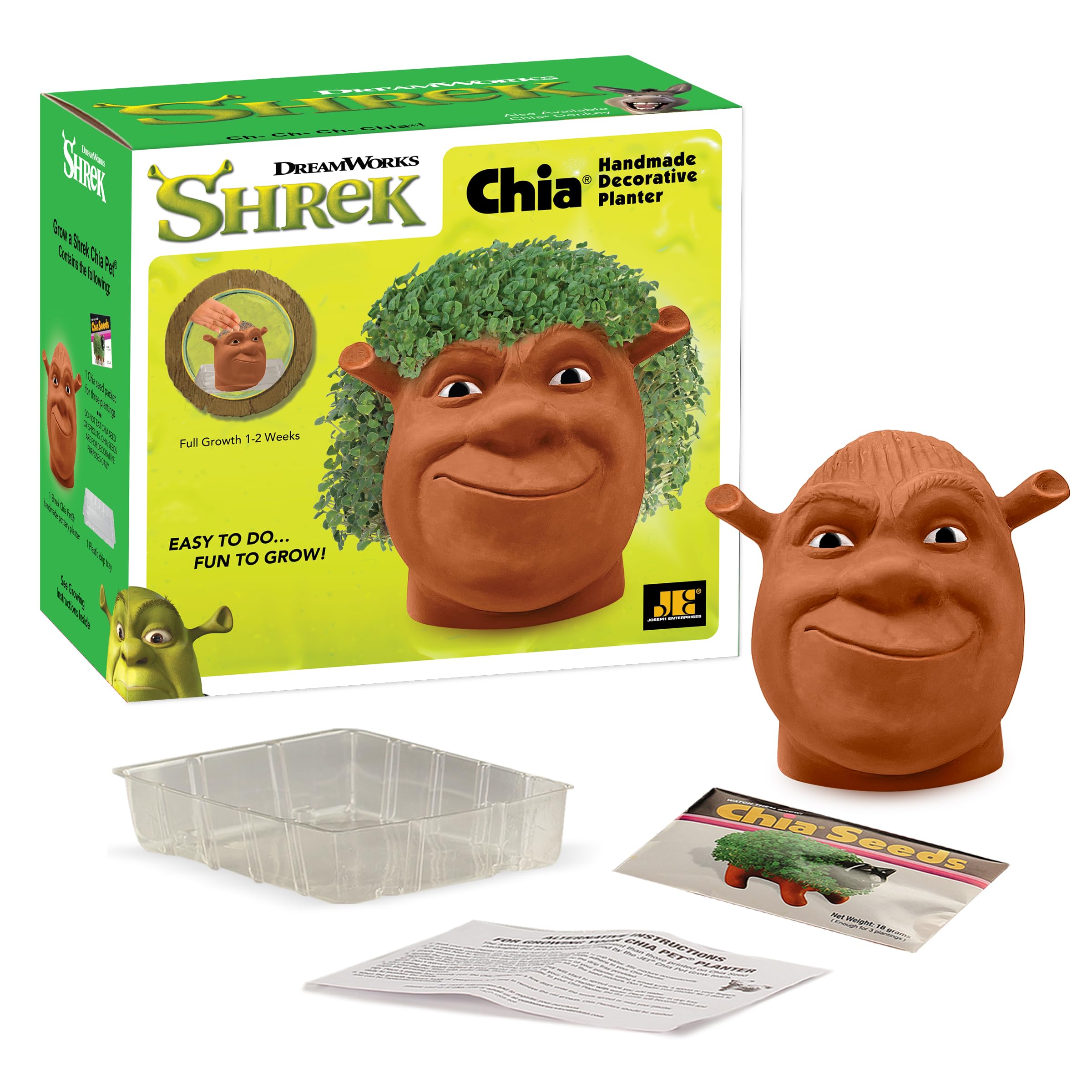 Chia Shrek junto a bandeja plástica para goteo, Chia protege superficies y facilita limpieza