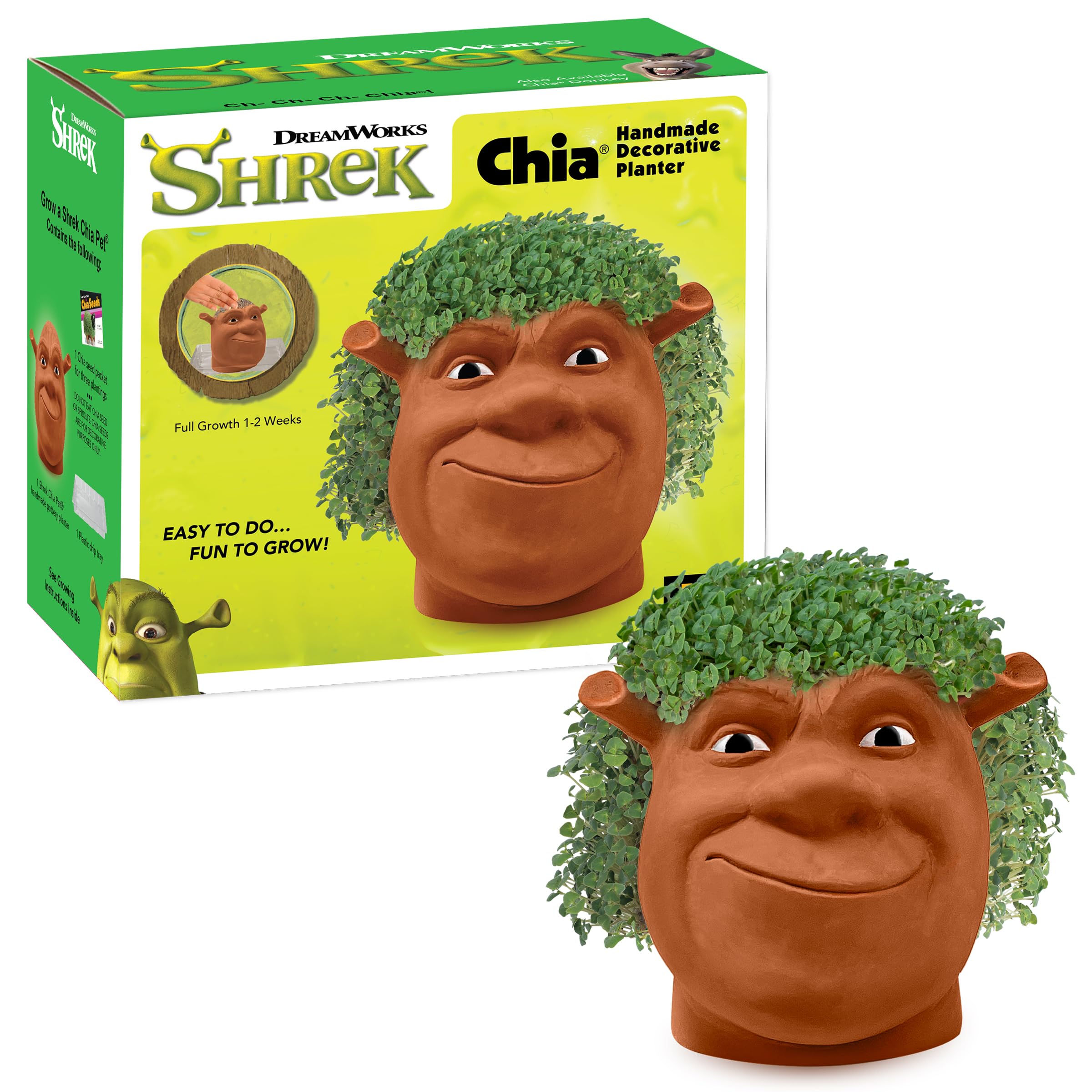 Chia Shrek vista frontal en cerámica mostrando diseño atractivo y fácil cultivo