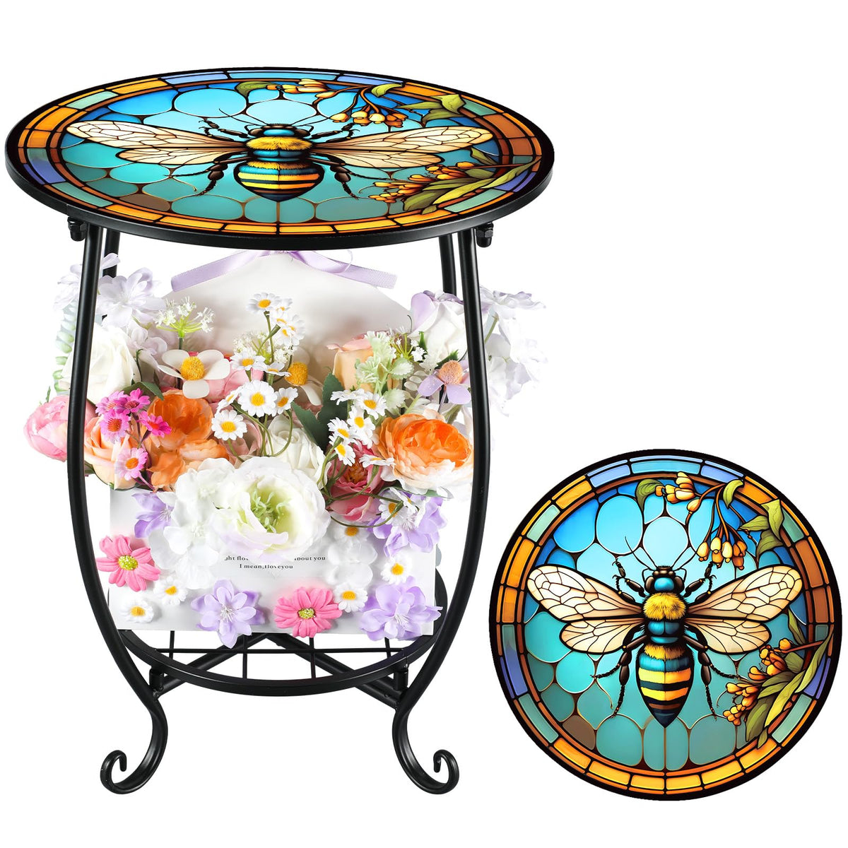 Cinnvoice mesa auxiliar frontal mostrando diseño bee y beneficio decorativo