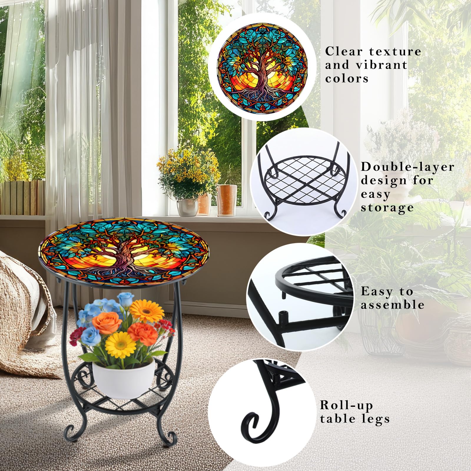 Cinnvoice mesa en uso en patio con taza y planta, añade funcionalidad