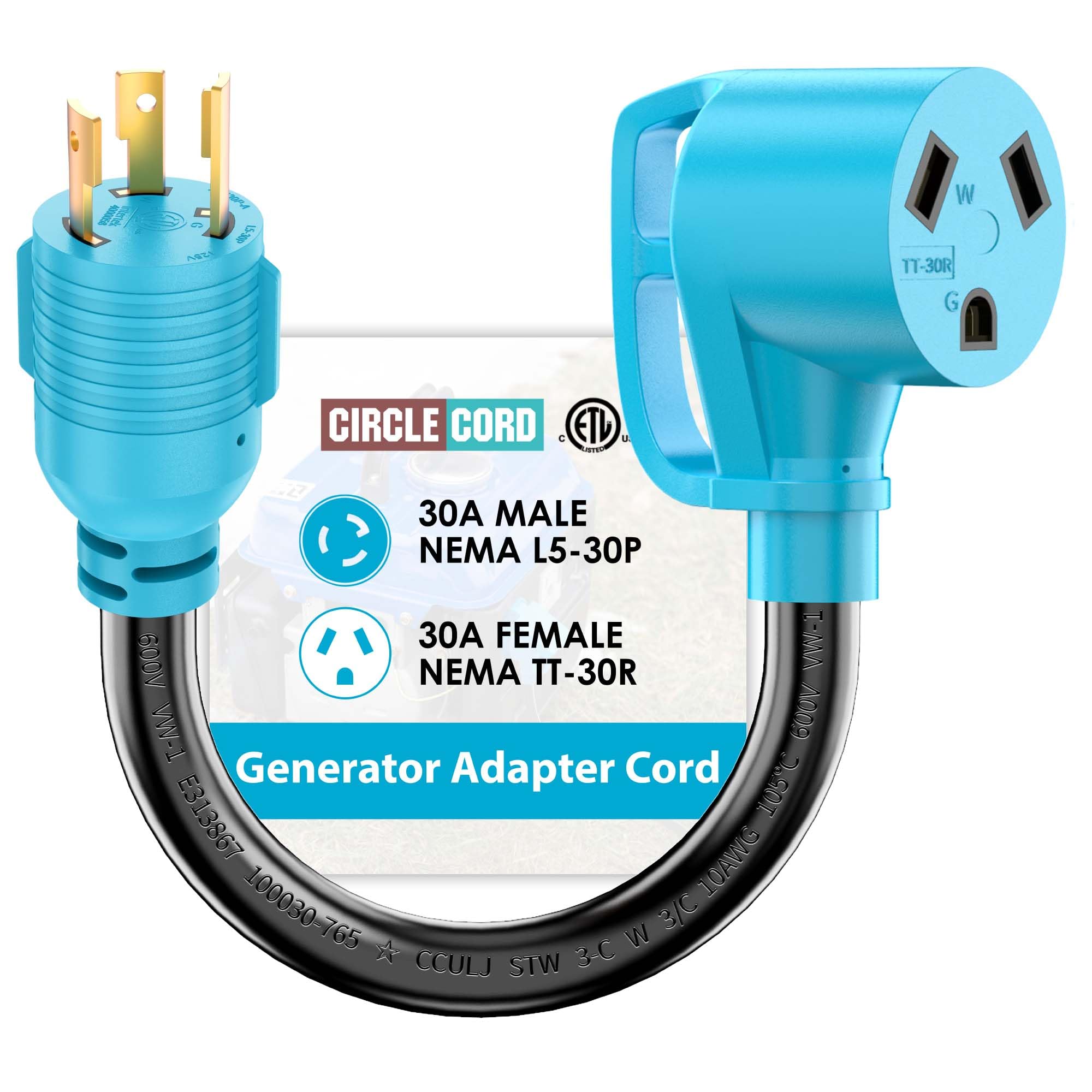 CircleCord adaptador frontal mostrando forma y clavijas, seguridad inmediata