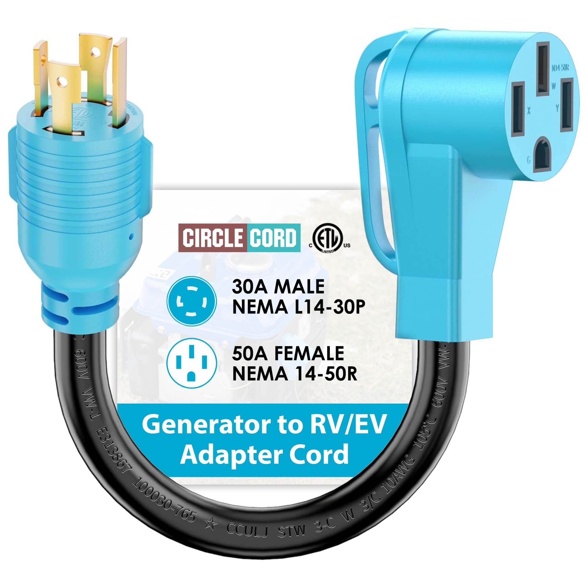 CircleCord vista frontal del adaptador con clavijas seguras y robustas