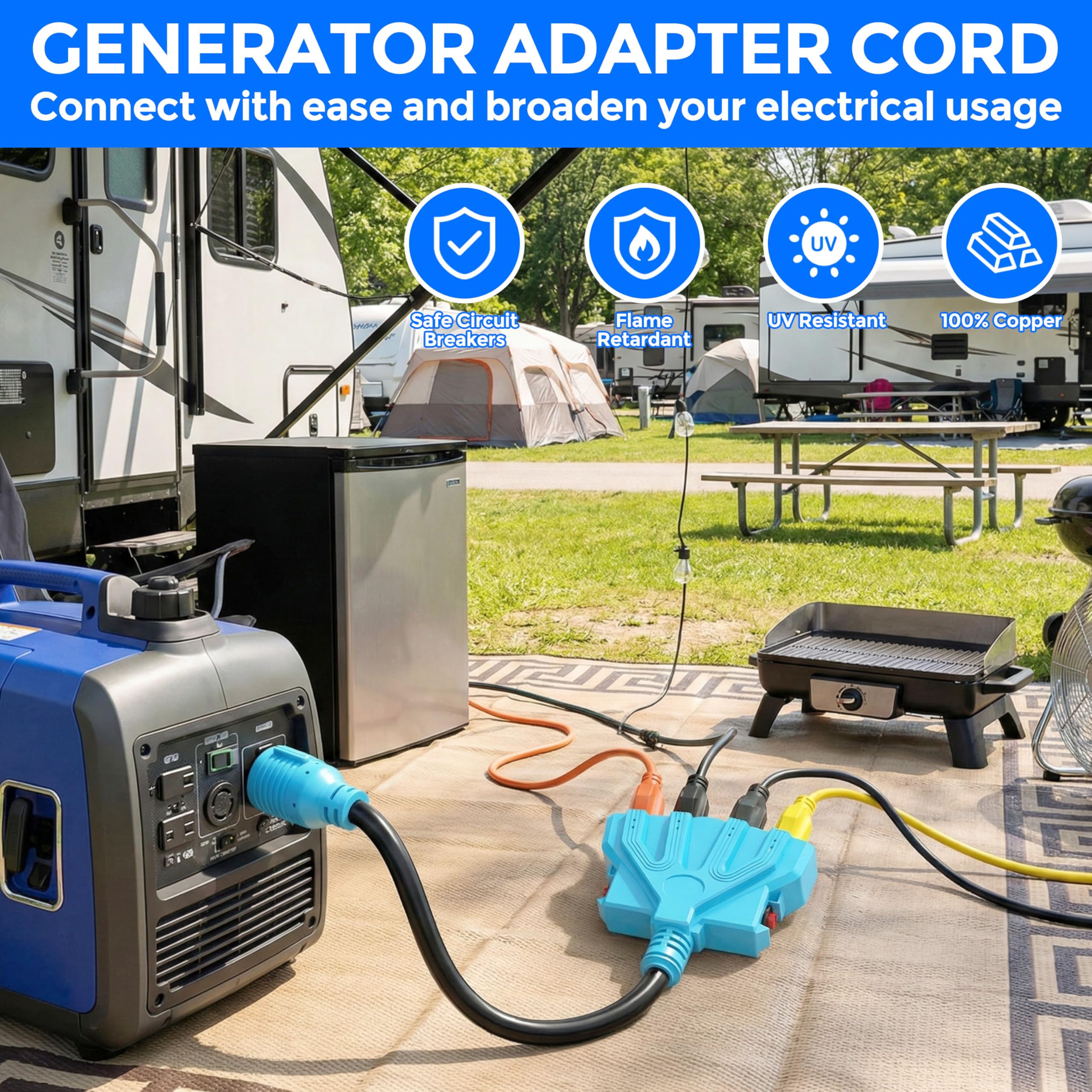 CircleCord adaptador conectado a generador en entorno de camping para alimentar electrodomésticos