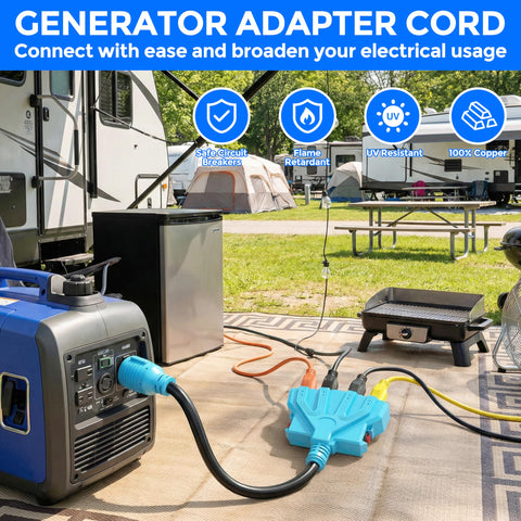 CircleCord adaptador conectado a generador en entorno de camping para alimentar electrodomésticos