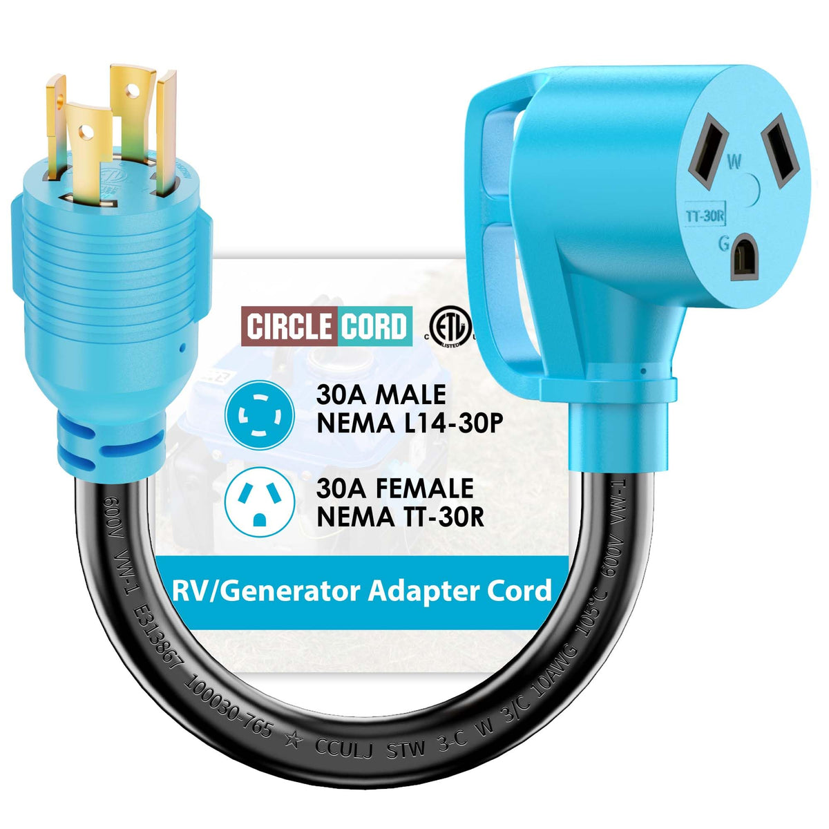 CircleCord adaptador frontal mostrando clavija L14-30P y toma TT-30R, conexión segura