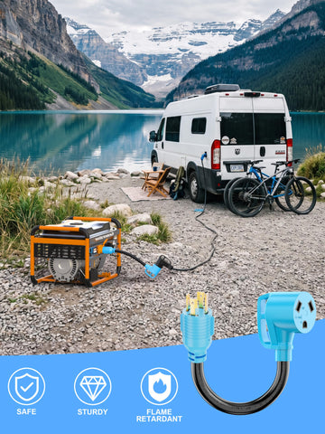 CircleCord adaptador en uso entre un generador y una RV demostrando compatibilidad