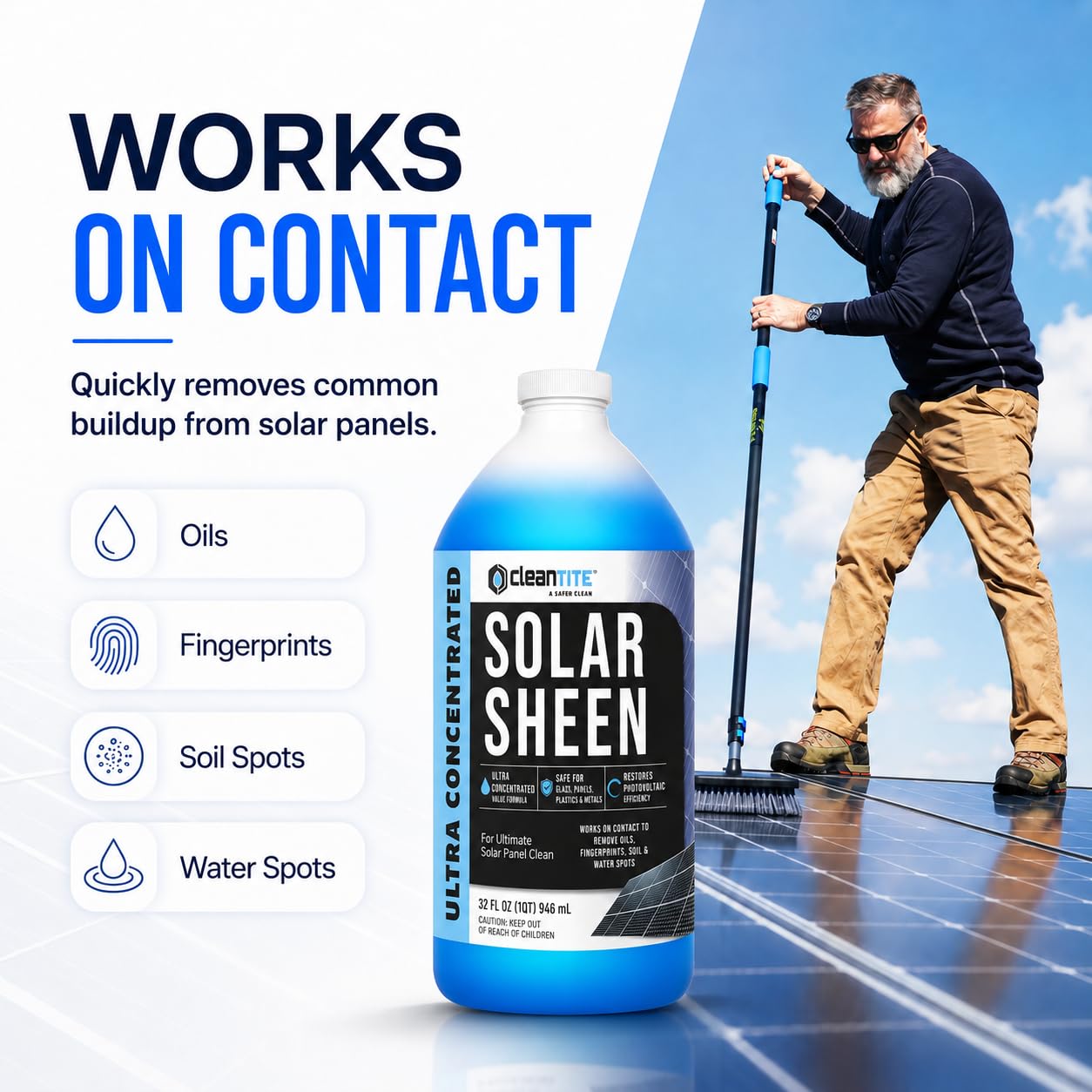 CLEANTITE en uso limpiando panel solar, remueve aceite y huellas rápidamente