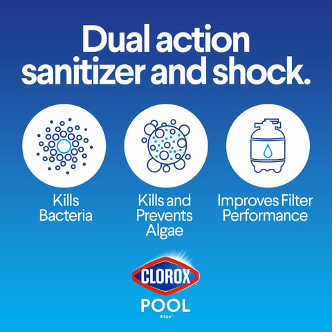 CLOROX Pool&Spa etiqueta del envase con instrucciones y beneficios para mantenimiento