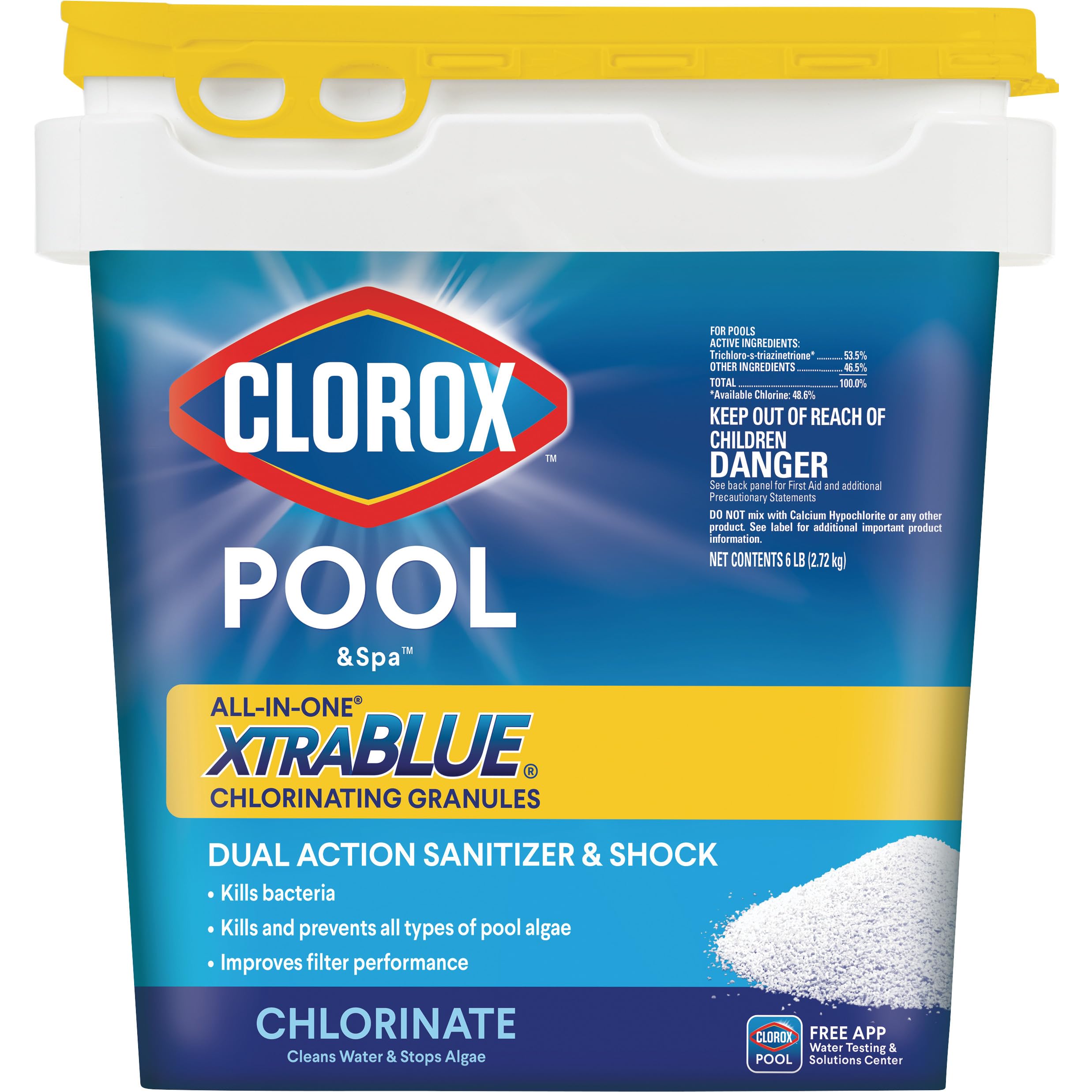 CLOROX Pool&Spa vista frontal del envase mostrando la marca y beneficio de desinfección