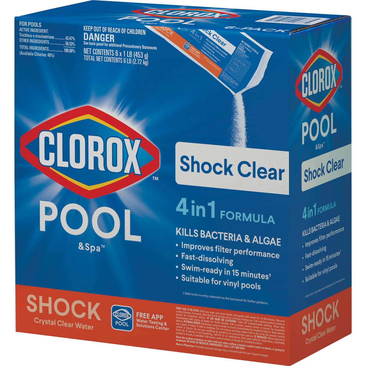 CLOROX Pool&Spa empaque frontal muestra 6 paquetes y limpieza rápida