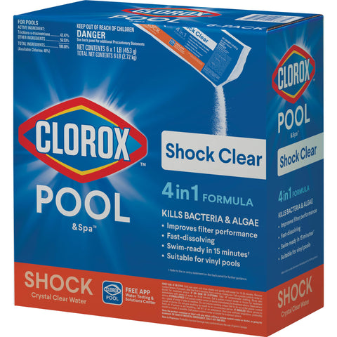 CLOROX Pool&Spa empaque frontal muestra 6 paquetes y limpieza rápida