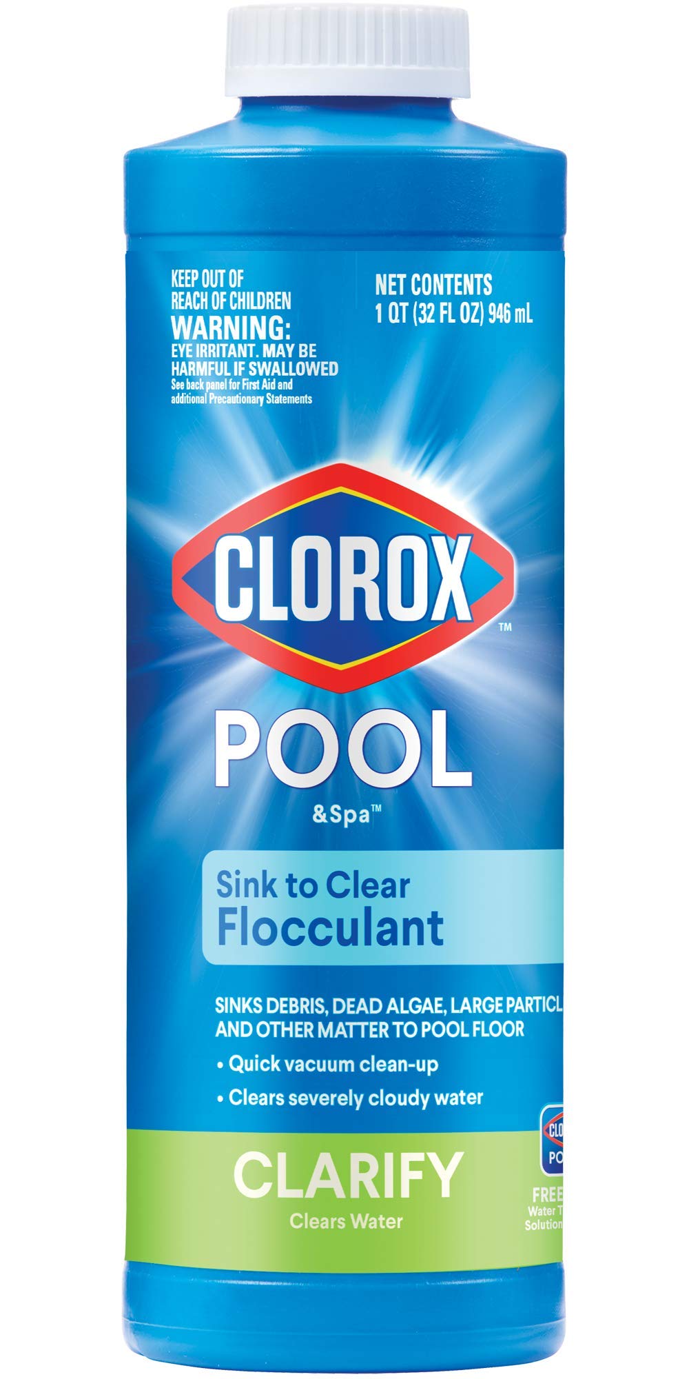 CLOROX Pool&Spa envase frontal Sink to Clear mostrando presentación y uso