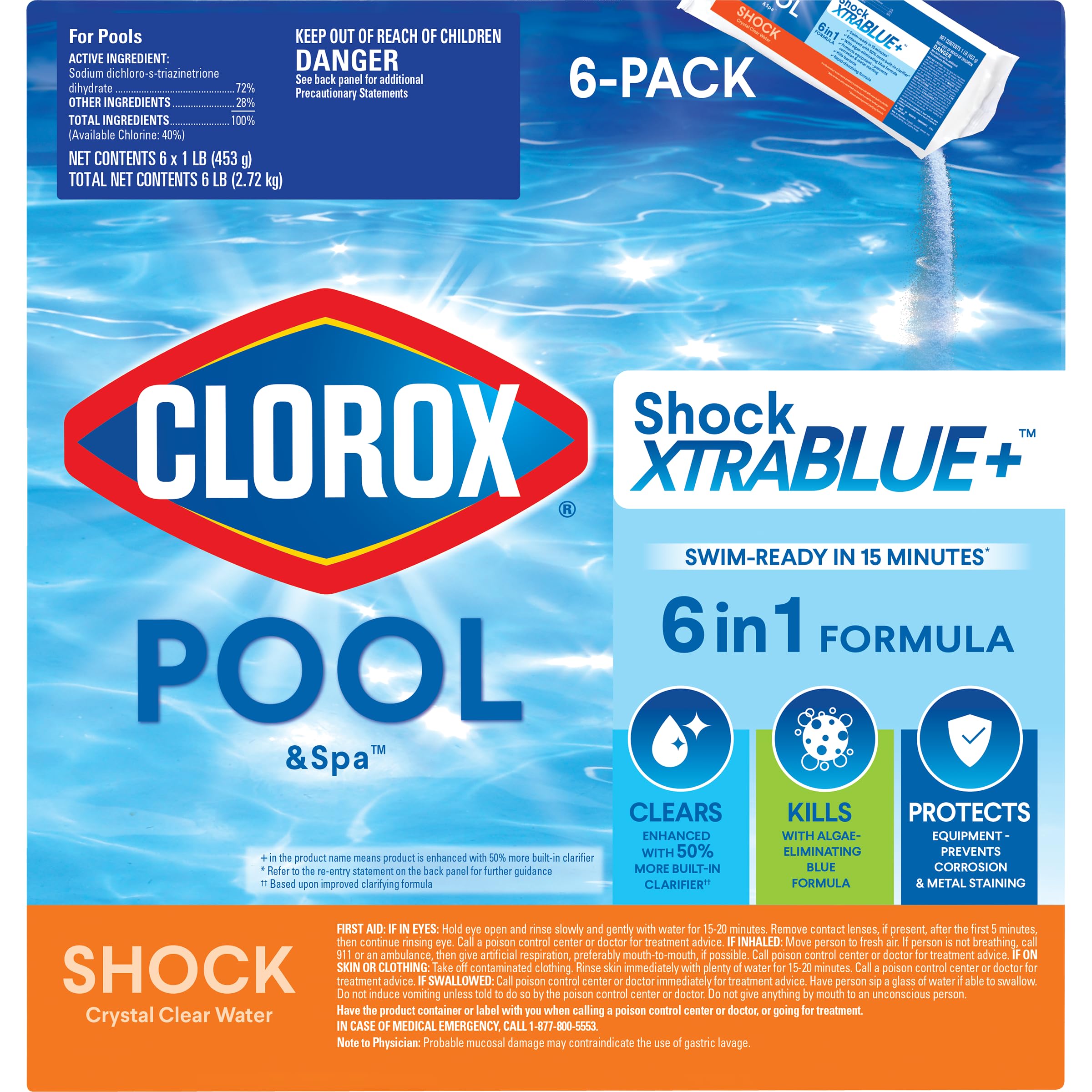Clorox Pool&Spa envase frontal mostrando paquete de seis para tratamiento rápido