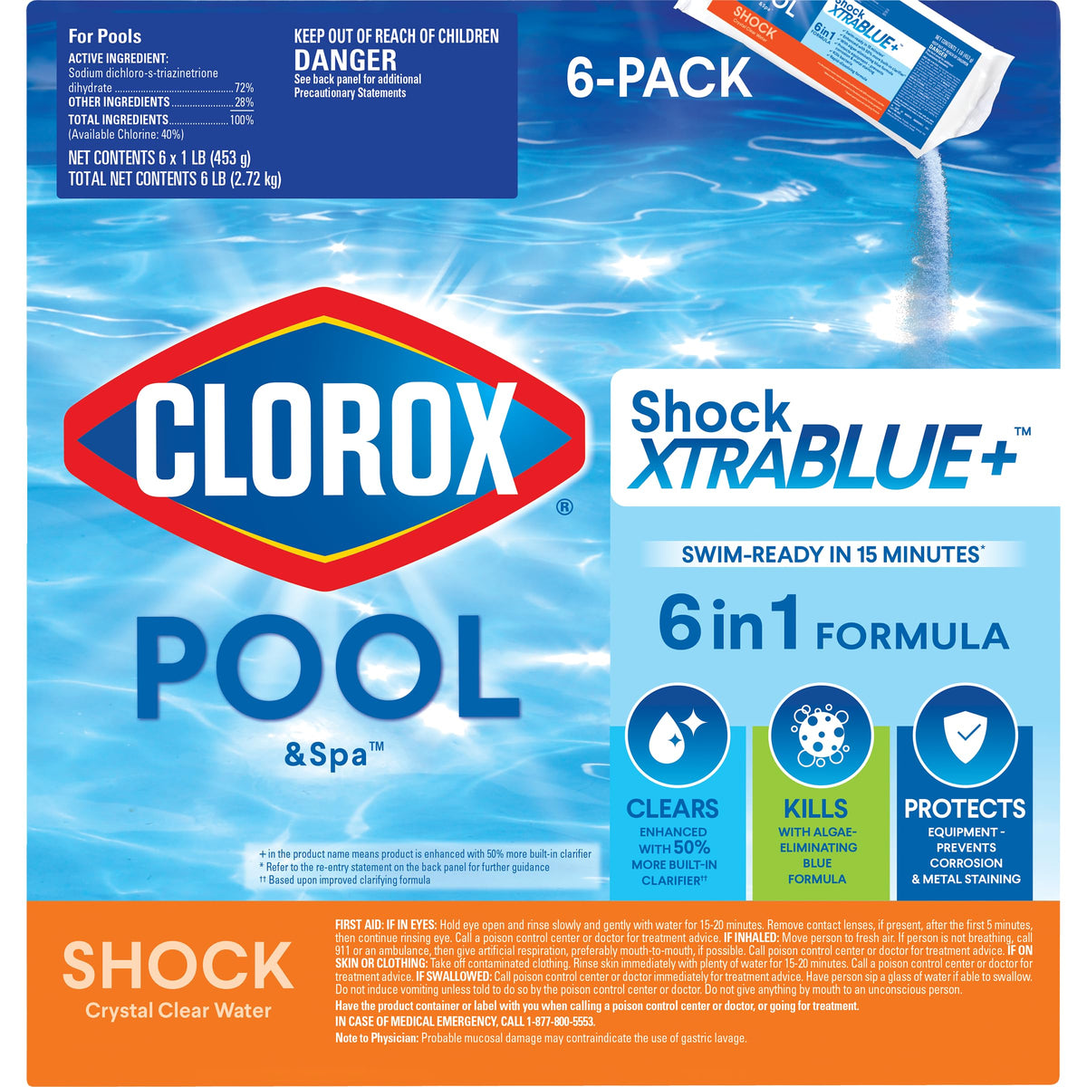Clorox Pool&Spa envase frontal mostrando paquete de seis para tratamiento rápido
