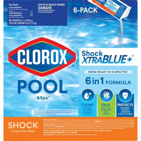 Clorox Pool&Spa envase frontal mostrando paquete de seis para tratamiento rápido