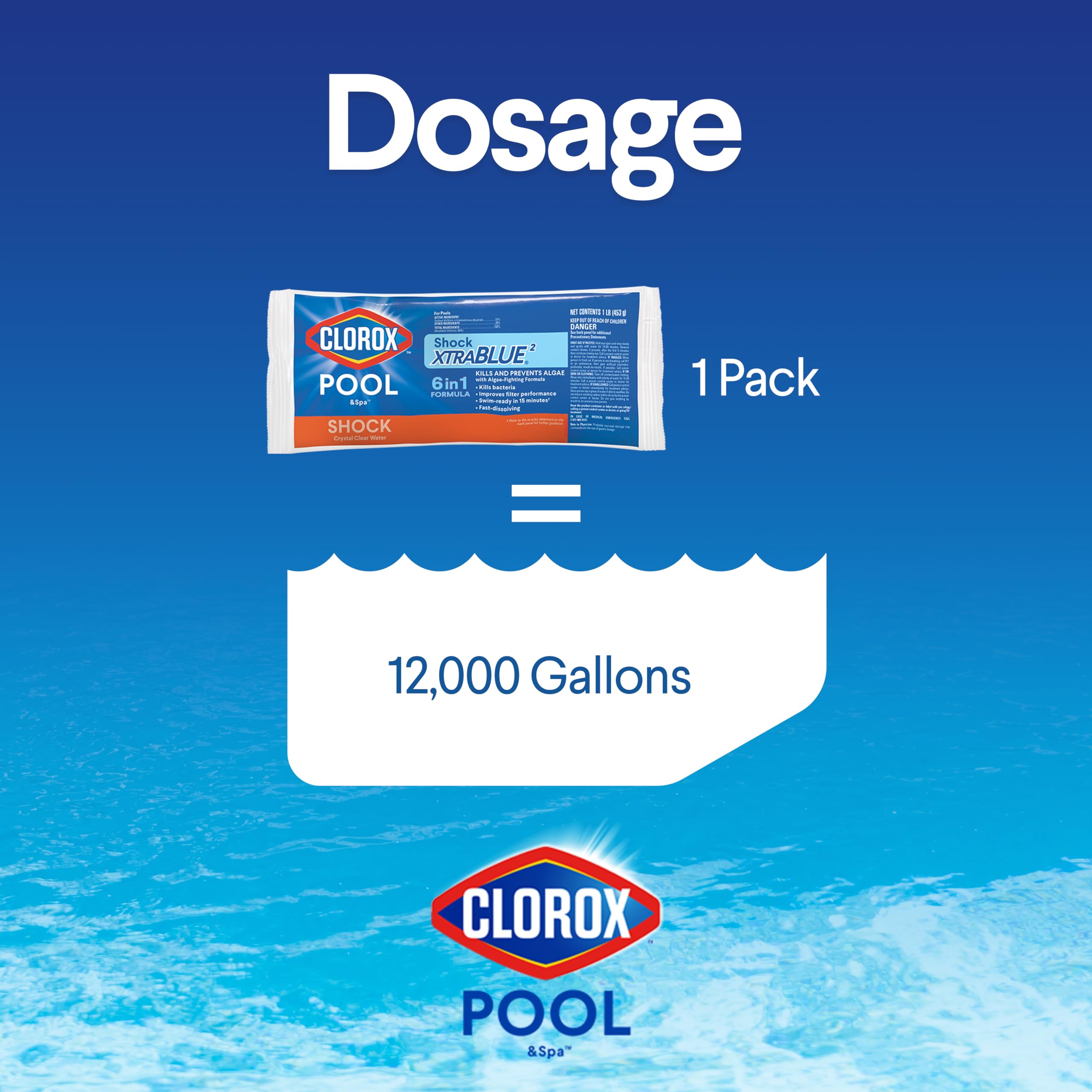 Clorox Pool&Spa tableta en mano que muestra tamaño y dosificación visual