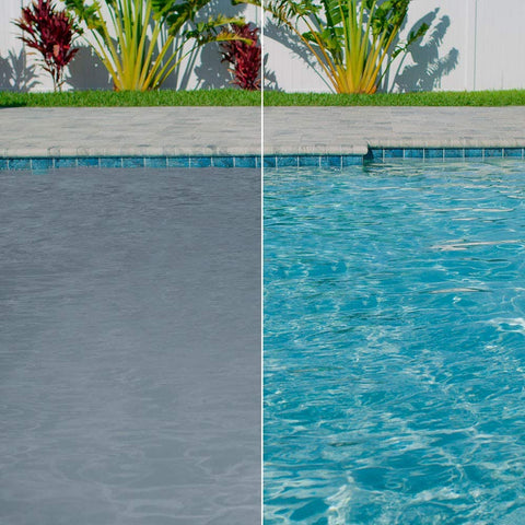 CLOROX Pool&Spa comparación antes y después ilustrando agua cristalina