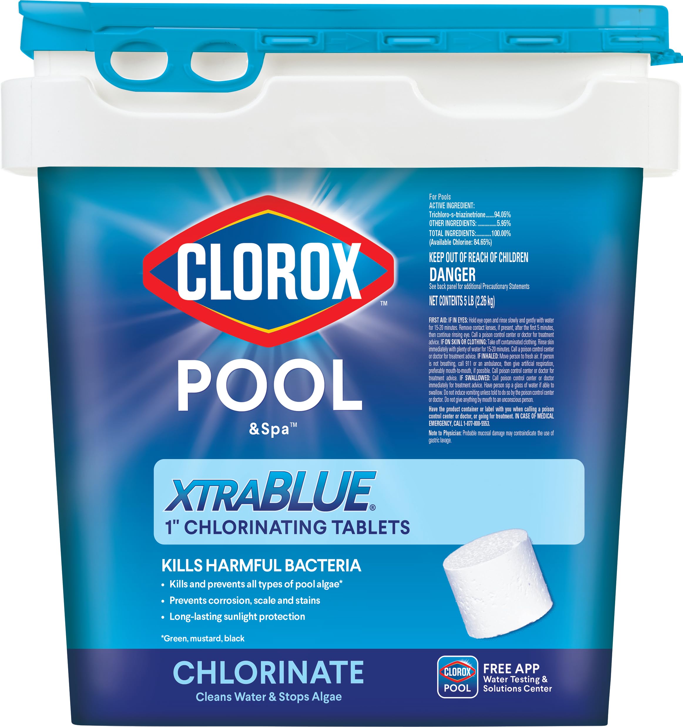 Clorox Pool&Spa envase 5 lb mostrando el diseño y facilidad de almacenamiento