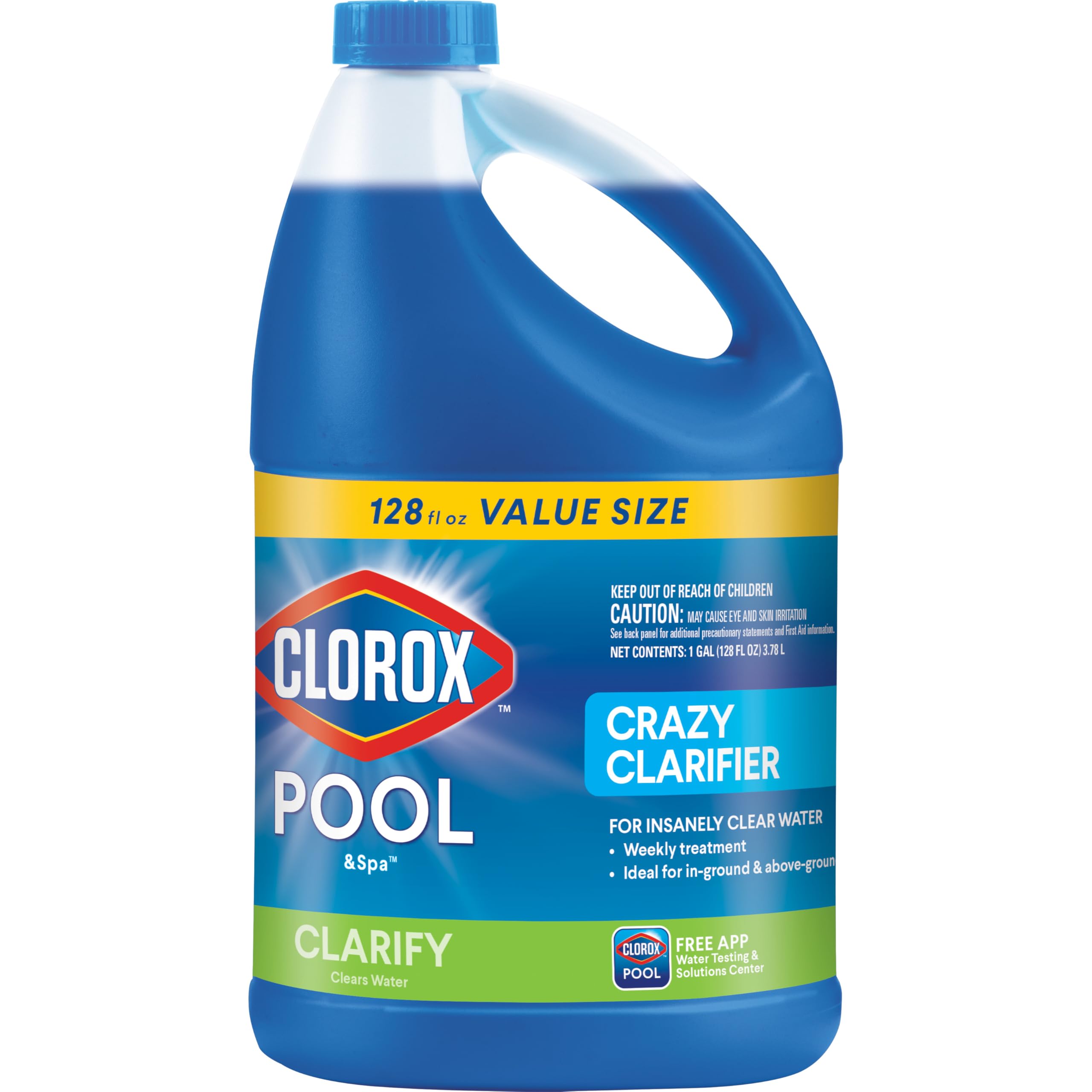CLOROX Pool&Spa envase frontal de 128 oz mostrando etiqueta y uso fácil