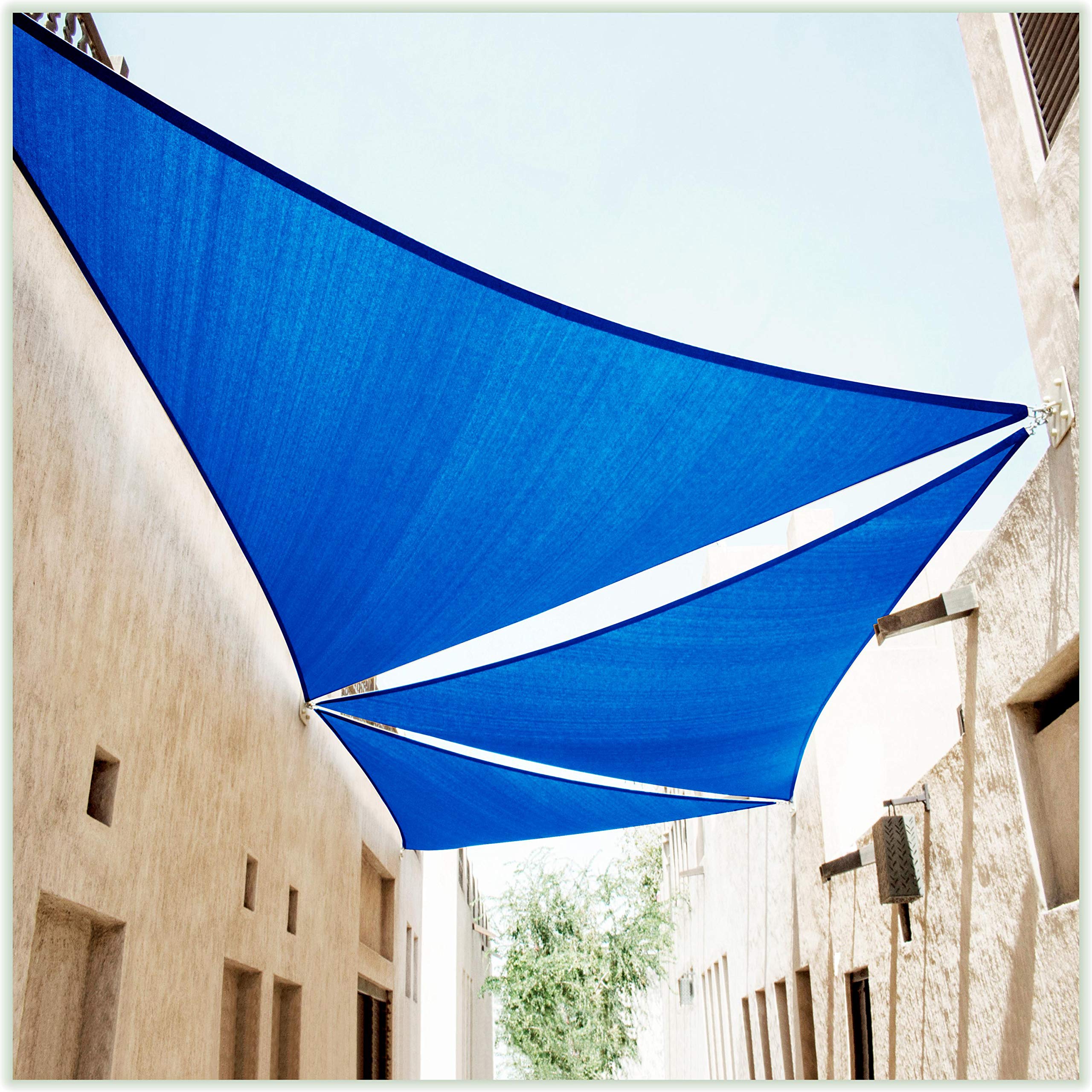 ColourTree vela sombreo frontal mostrando cobertura y color azul para sombra inmediata