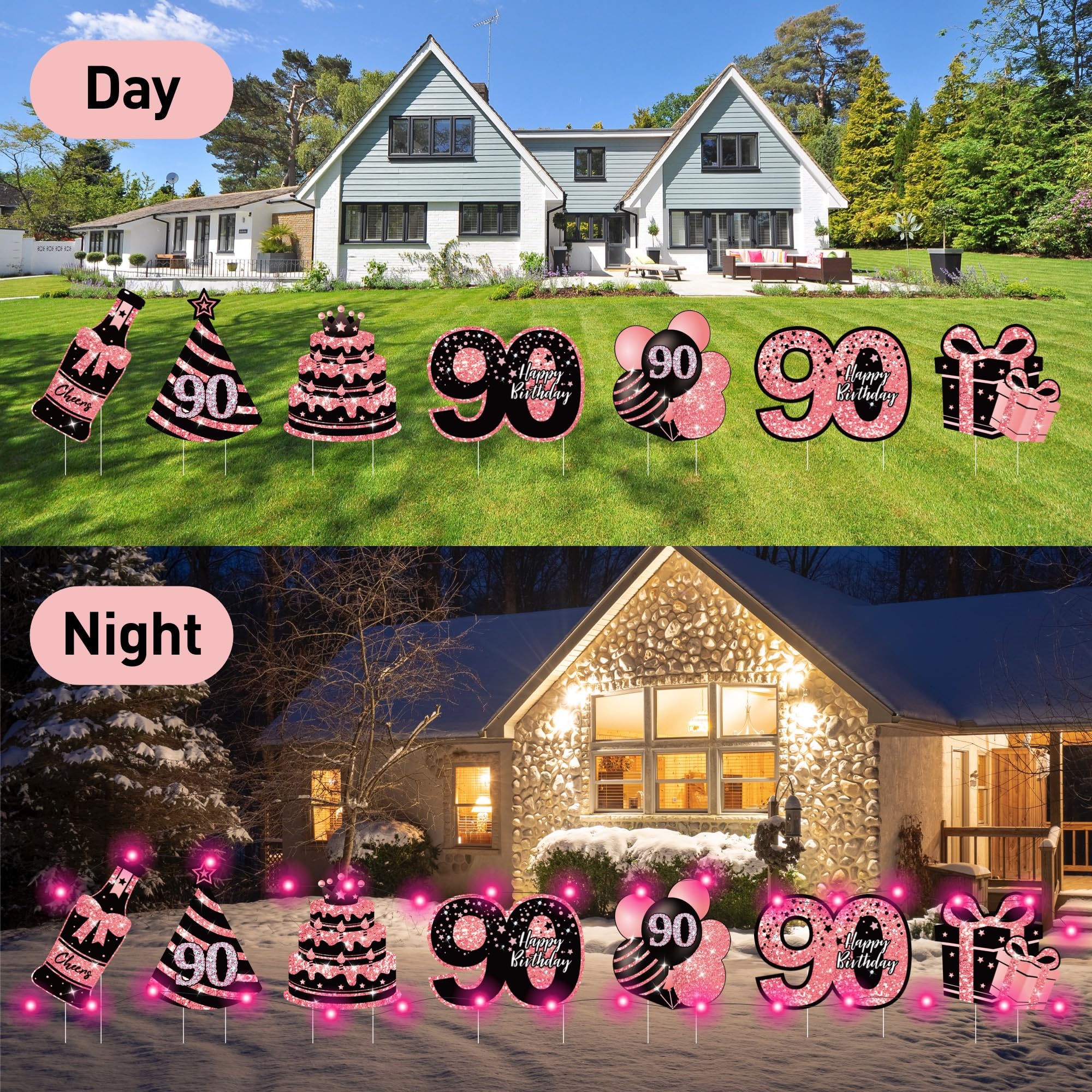 ComboJoy tiras LED iluminando carteles por la noche, efecto festivo