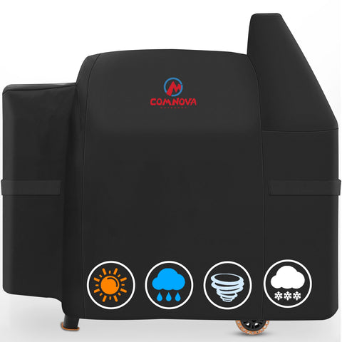 Comnova vista frontal de la funda cubriendo parrilla Pit Boss, protección completa