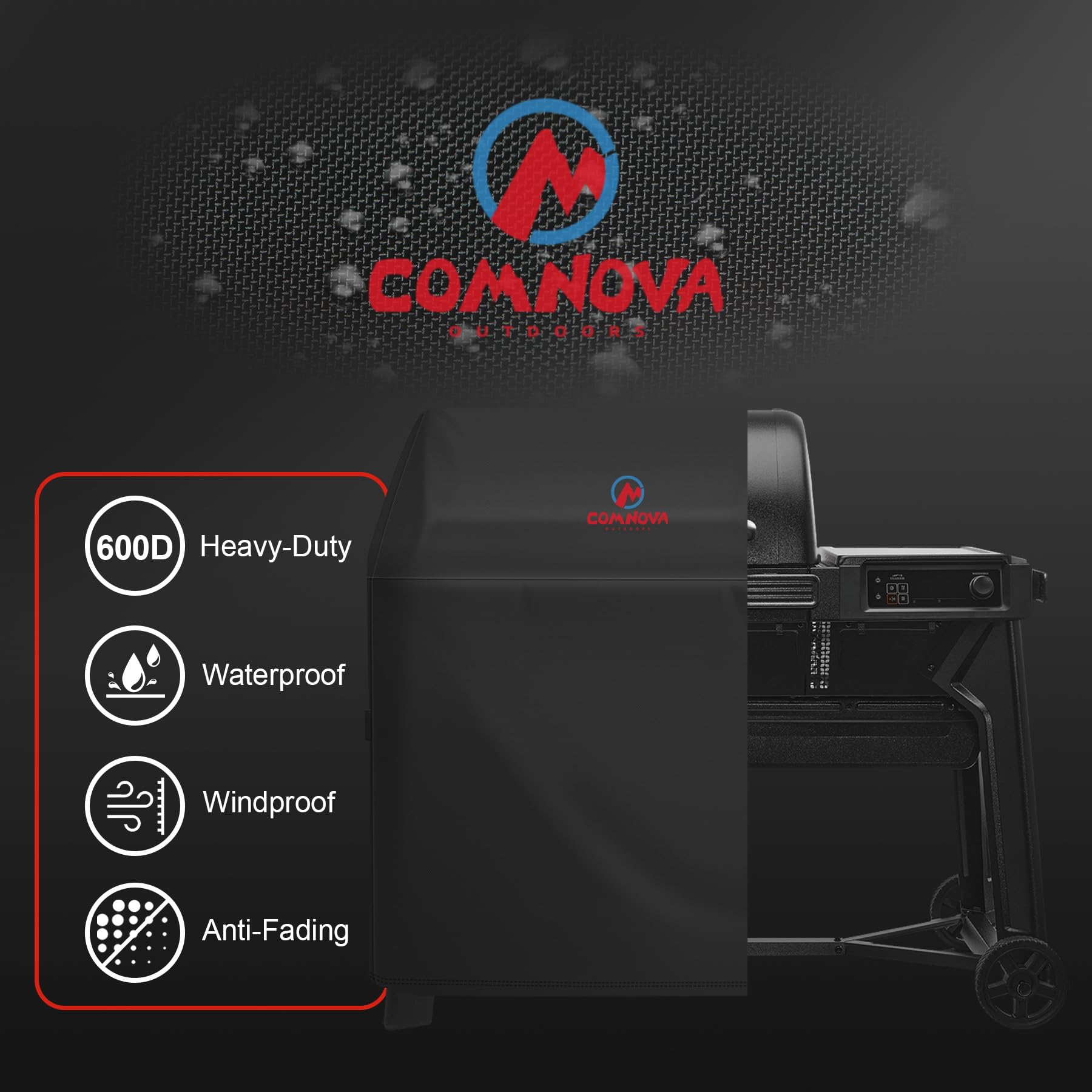 M COMNOVA OUTDOORS funda instalada protegiendo parrilla bajo lluvia