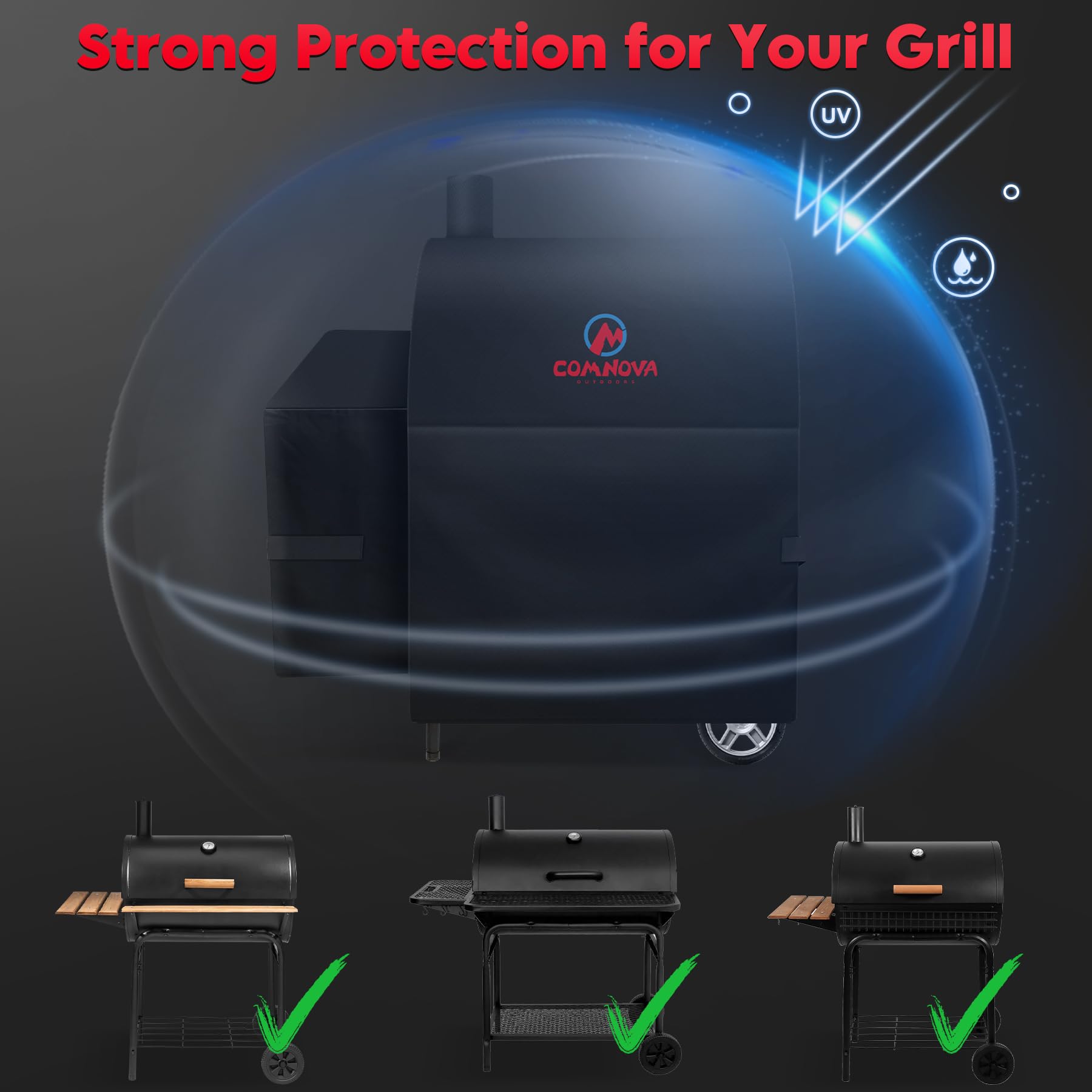 M COMNOVA OUTDOORS funda puesta sobre parrilla en uso, protege de lluvia y polvo