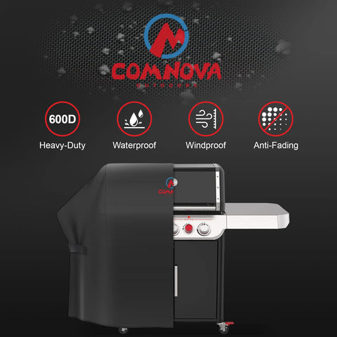 M COMNOVA OUTDOORS funda puesta en parrilla Weber demostrando protección completa