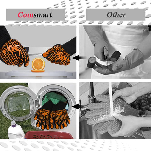 Comsmart guantes en uso sobre parrilla sujetando una parrilla caliente con seguridad