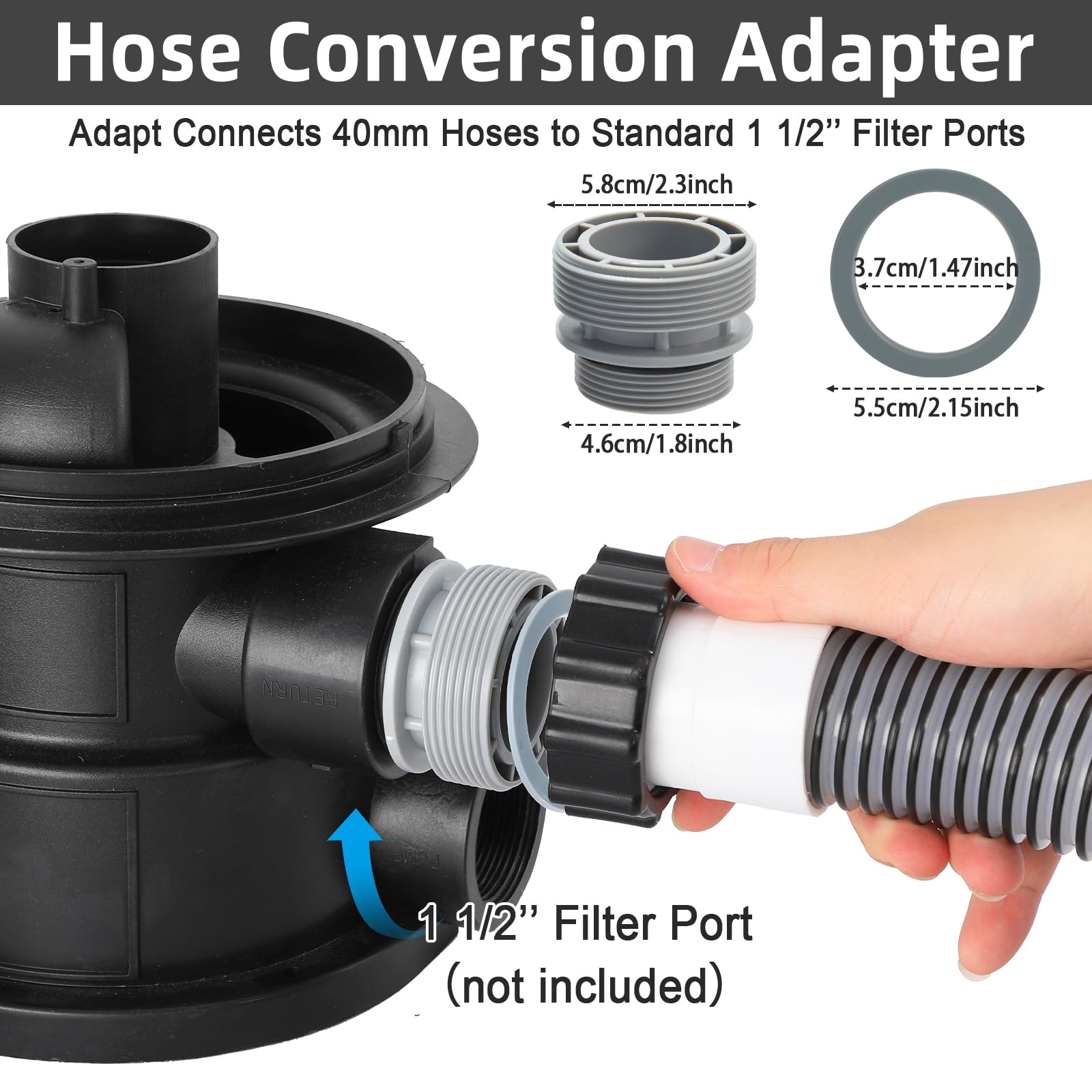 Conderyang adaptador 40 mm a 1,5" instalado, facilita compatibilidad con bombas y filtros