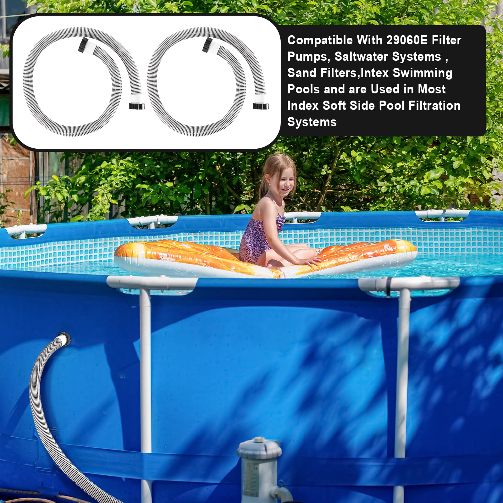 Conderyang manguera instalada en piscina elevada en jardín, aspecto discreto y funcional