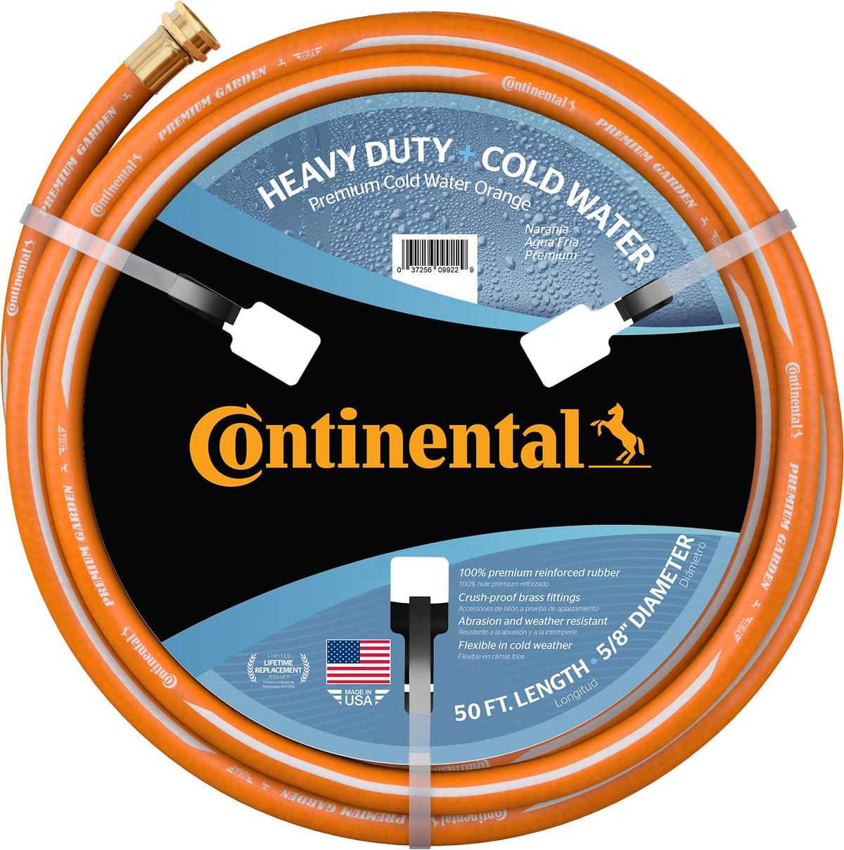 Continental manguera frontal con empaque naranja mostrando longitud y diámetro, durabilidad visible