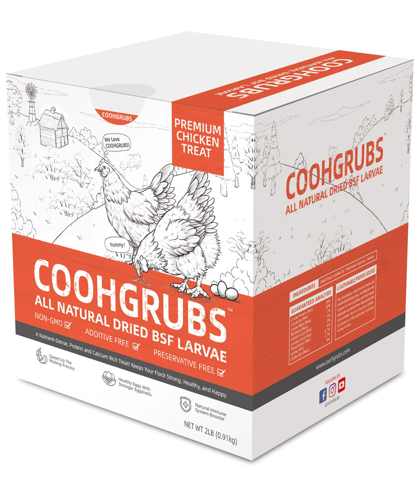 COOHGRUBS frente del envase mostrando la caja y bolsa resellable, facilita almacenamiento