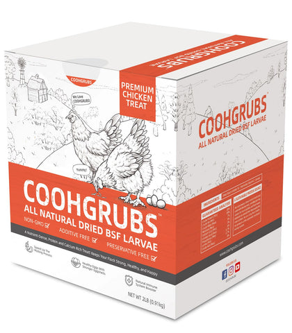 COOHGRUBS frente del envase mostrando la caja y bolsa resellable, facilita almacenamiento