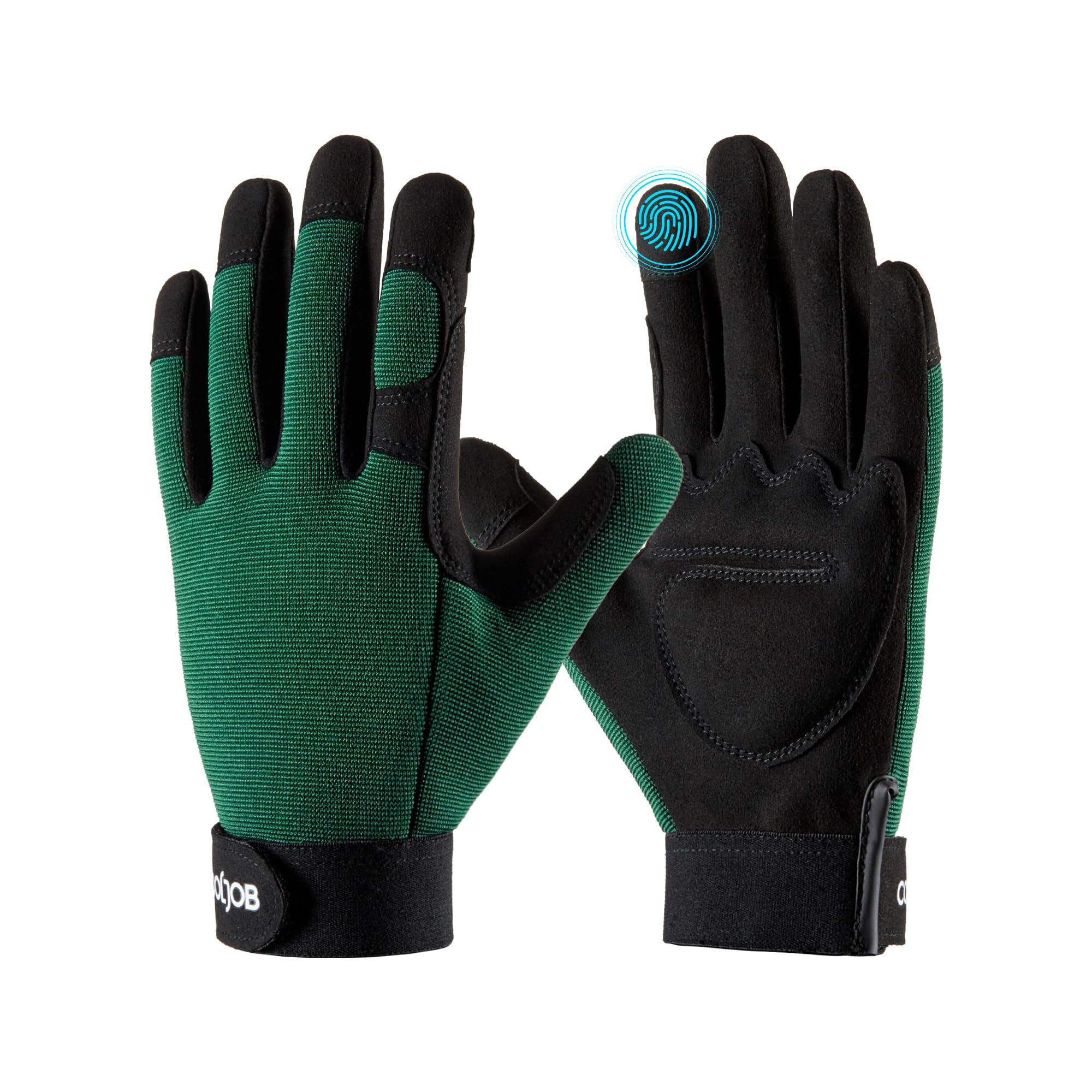 COOLJOB guantes frente y empaque mostrando color verde y bolsa reutilizable