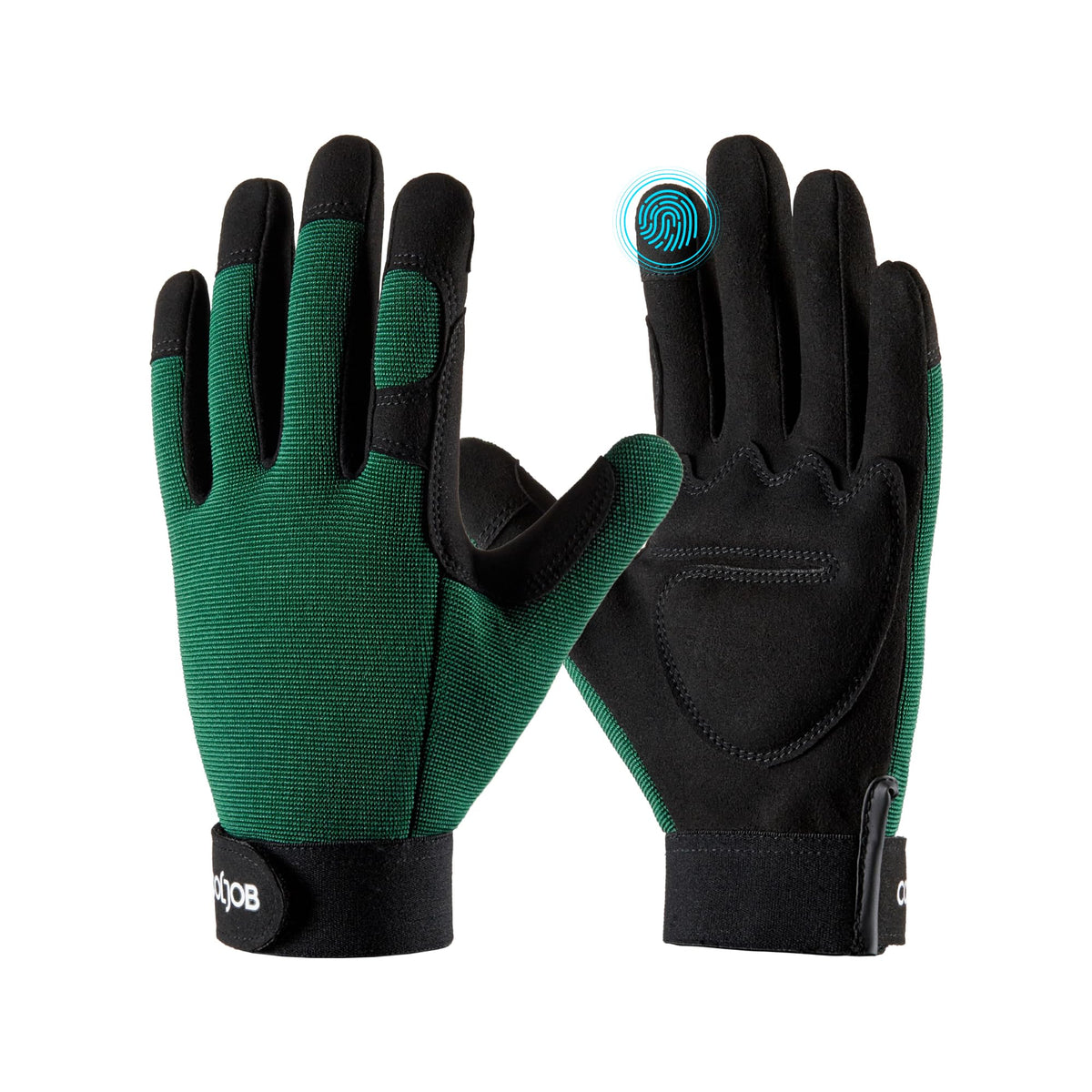 COOLJOB guantes frente y empaque mostrando color verde y bolsa reutilizable