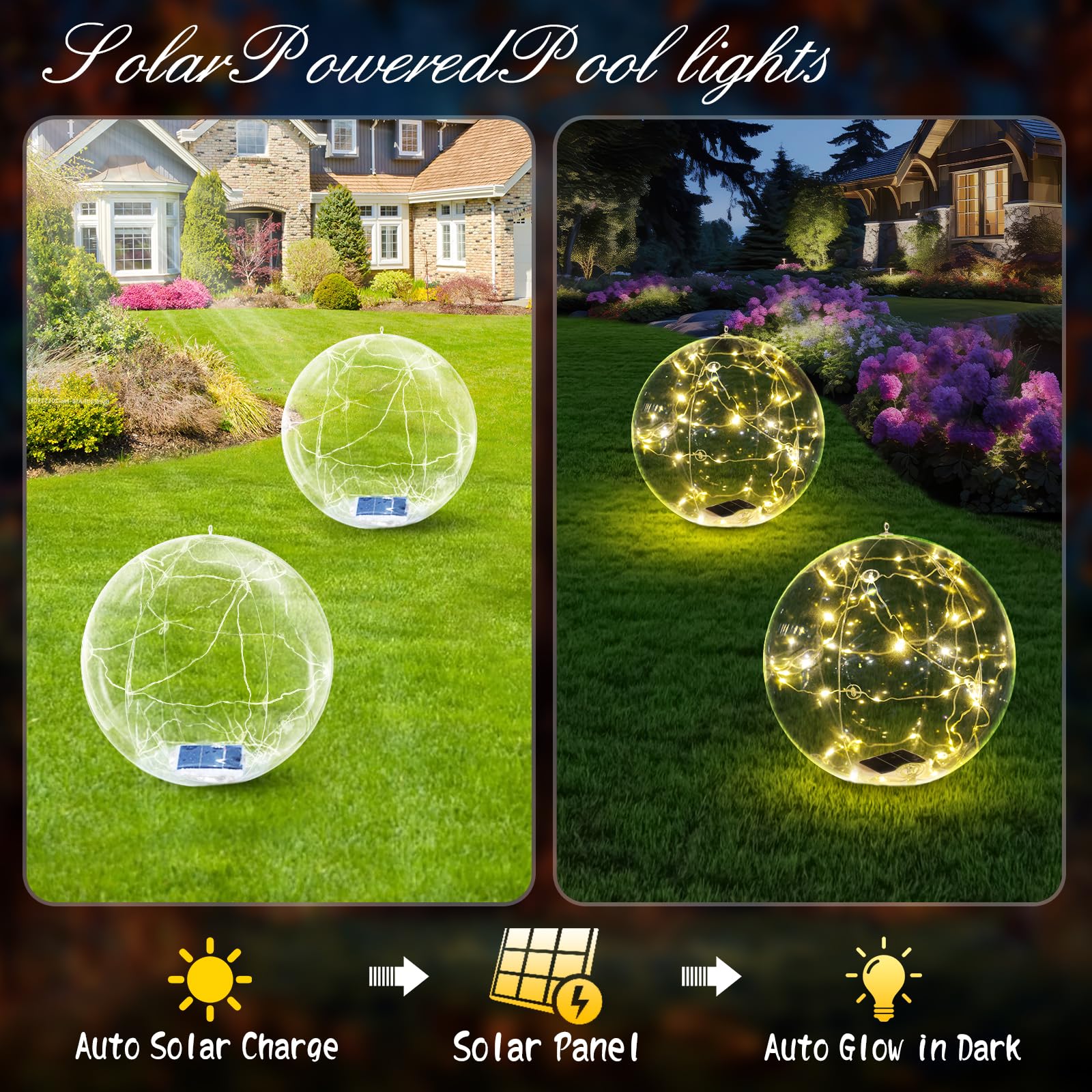 Cootway bola solar flotando en piscina creando ambiente nocturno acogedor