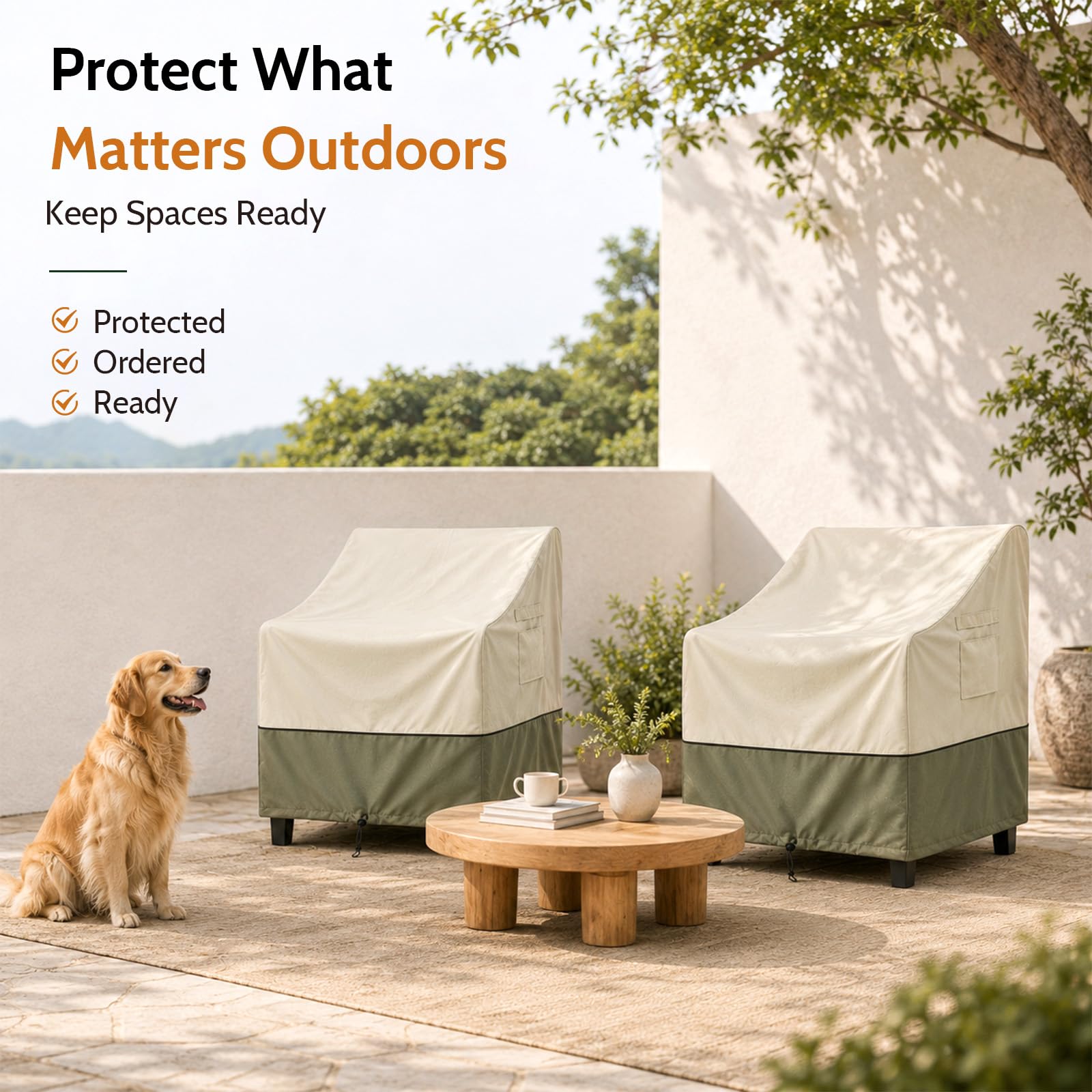 COSFLY fundas en una terraza mostrando muebles protegidos y ordenados