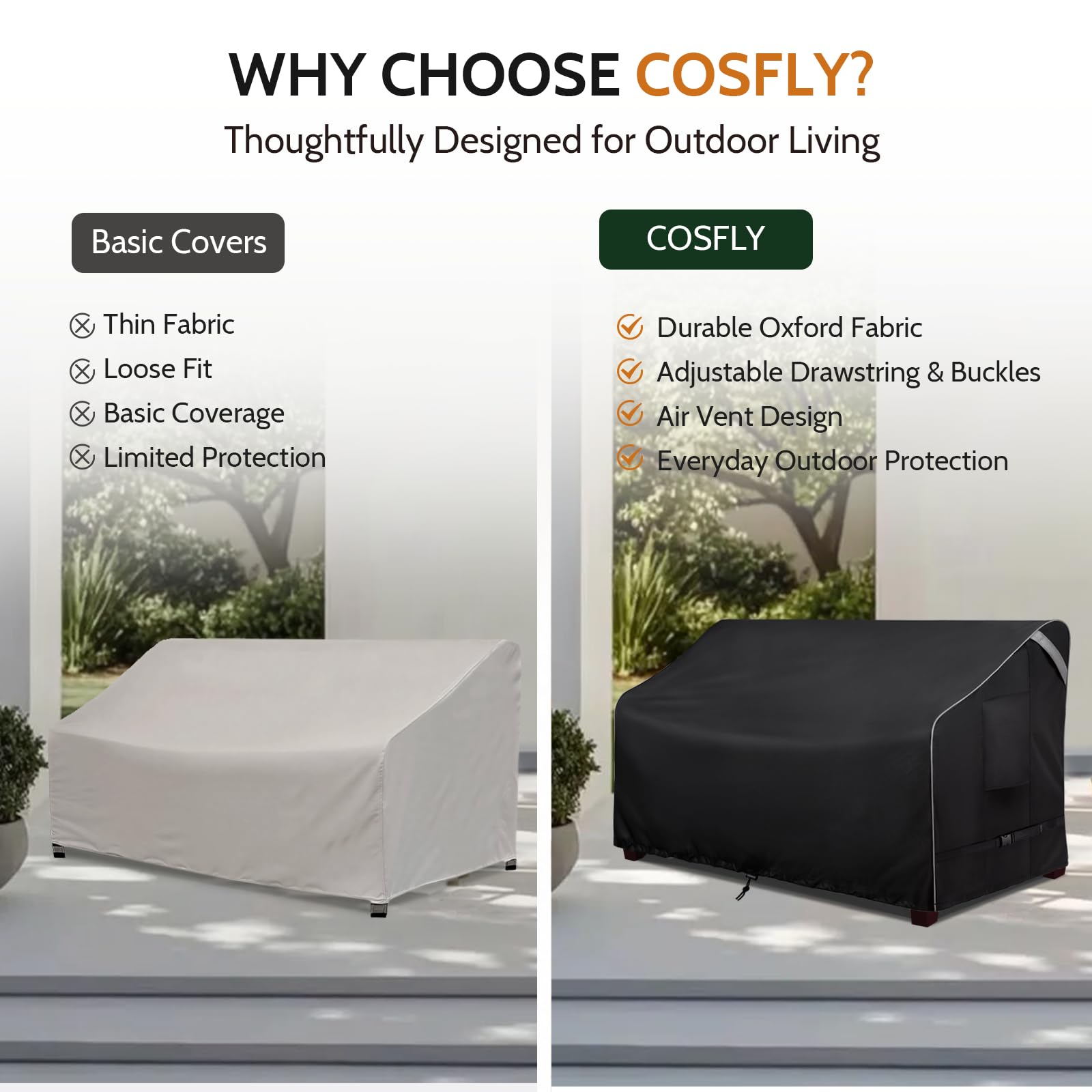 COSFLY comparación de tamaño mostrando la funda en relación a un loveseat estándar