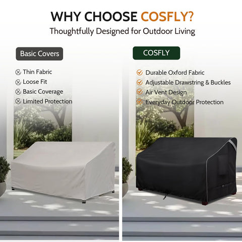 COSFLY comparación de tamaño mostrando la funda en relación a un loveseat estándar