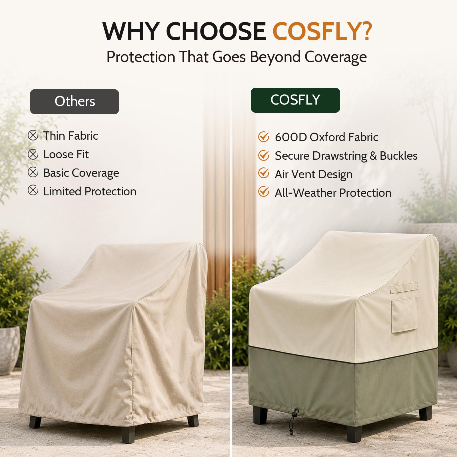 COSFLY comparación de tamaño con una silla para verificar ajuste