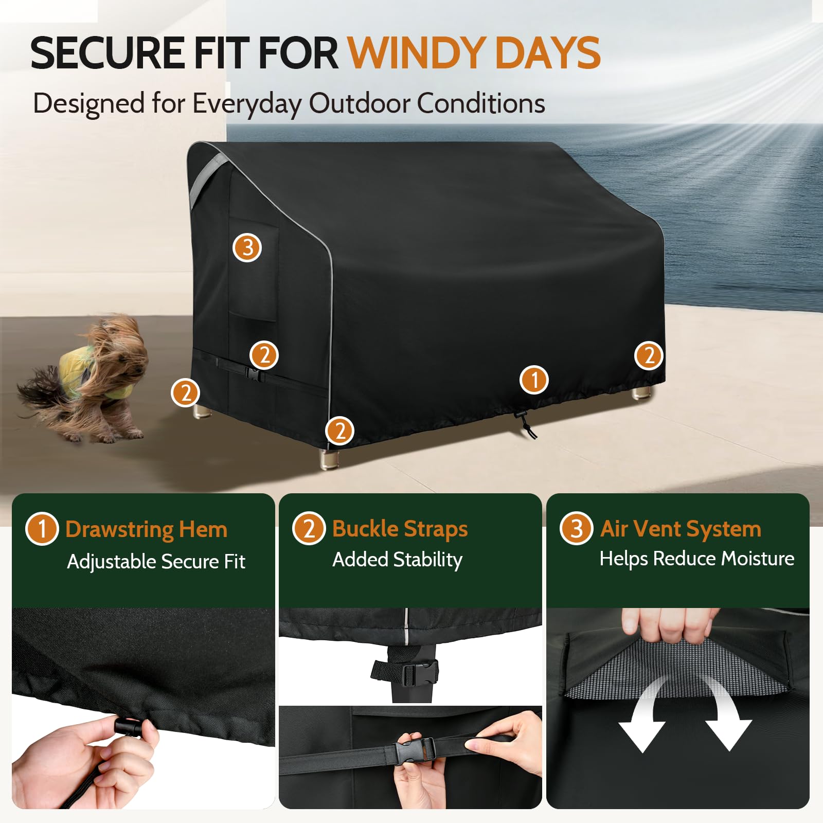 COSFLY funda colocada en sofá de patio, protección completa