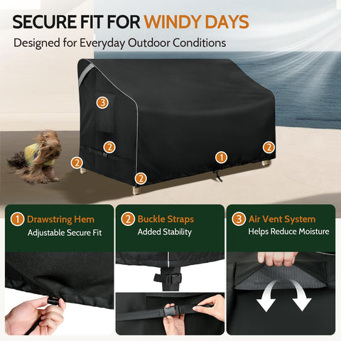 COSFLY funda colocada en sofá de patio, protección completa
