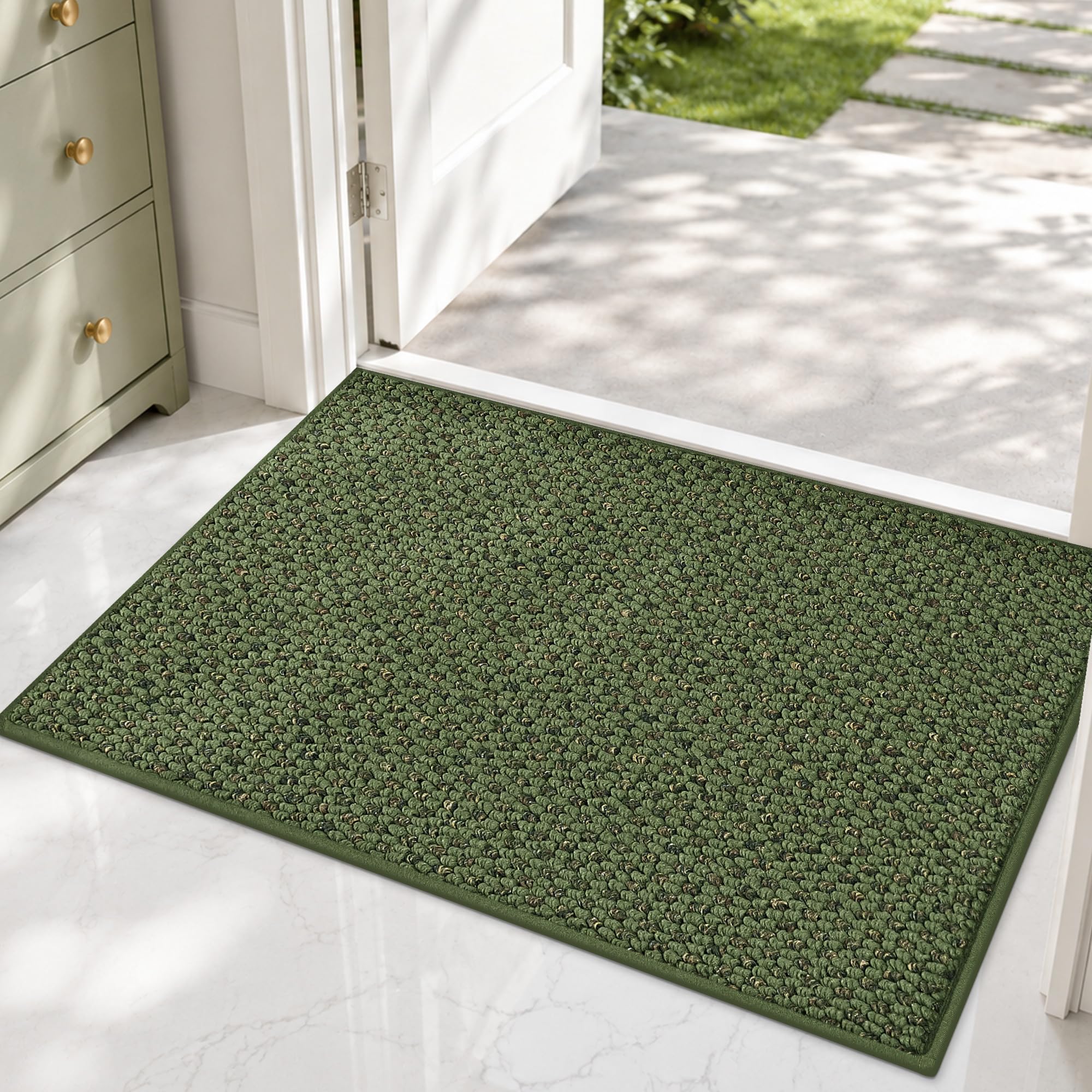 COSY HOMEER felpudo frontal verde mostrando diseño y beneficio de limpieza